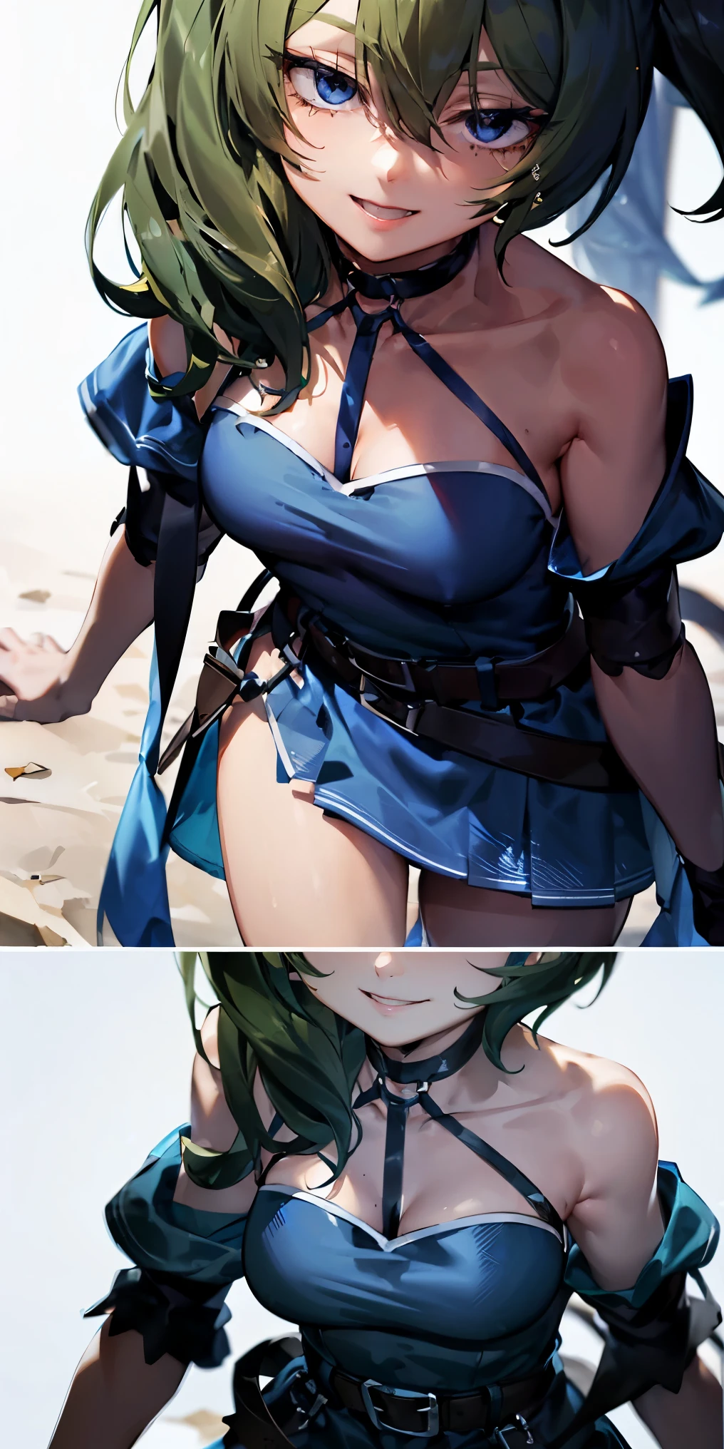 ubel,dark green hair,long hair,side ponytail,hair between eyes,bangs,
BREAK ((blue dress:1.5))
BREAK blurry background,
BREAK standing, cowboy shot, smile, autumn,
BREAK (masterpiece:1.2), best quality, high resolution, unity 8k wallpaper, (illustration:0.8), (beautiful detailed eyes:1.6), extremely detailed face, perfect lighting, extremely detailed CG, (perfect hands, perfect anatomy),