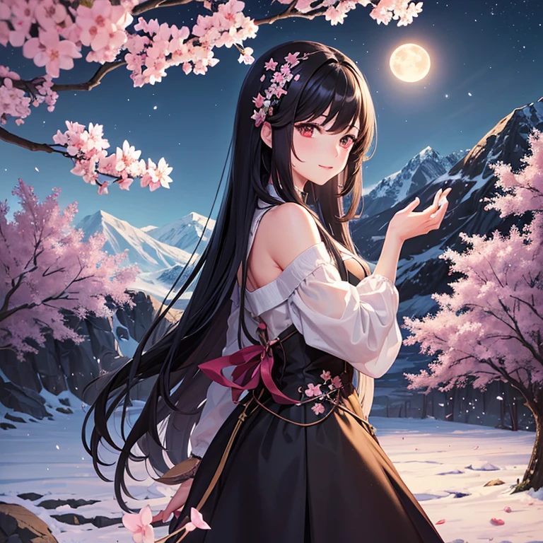 masterpiece, best quality, night, Mountain, full moon, long black hair, Miss, firefly, Star, Mysterious cherry blossom tree, pink leaves, high quality, nice graphics, high detail
