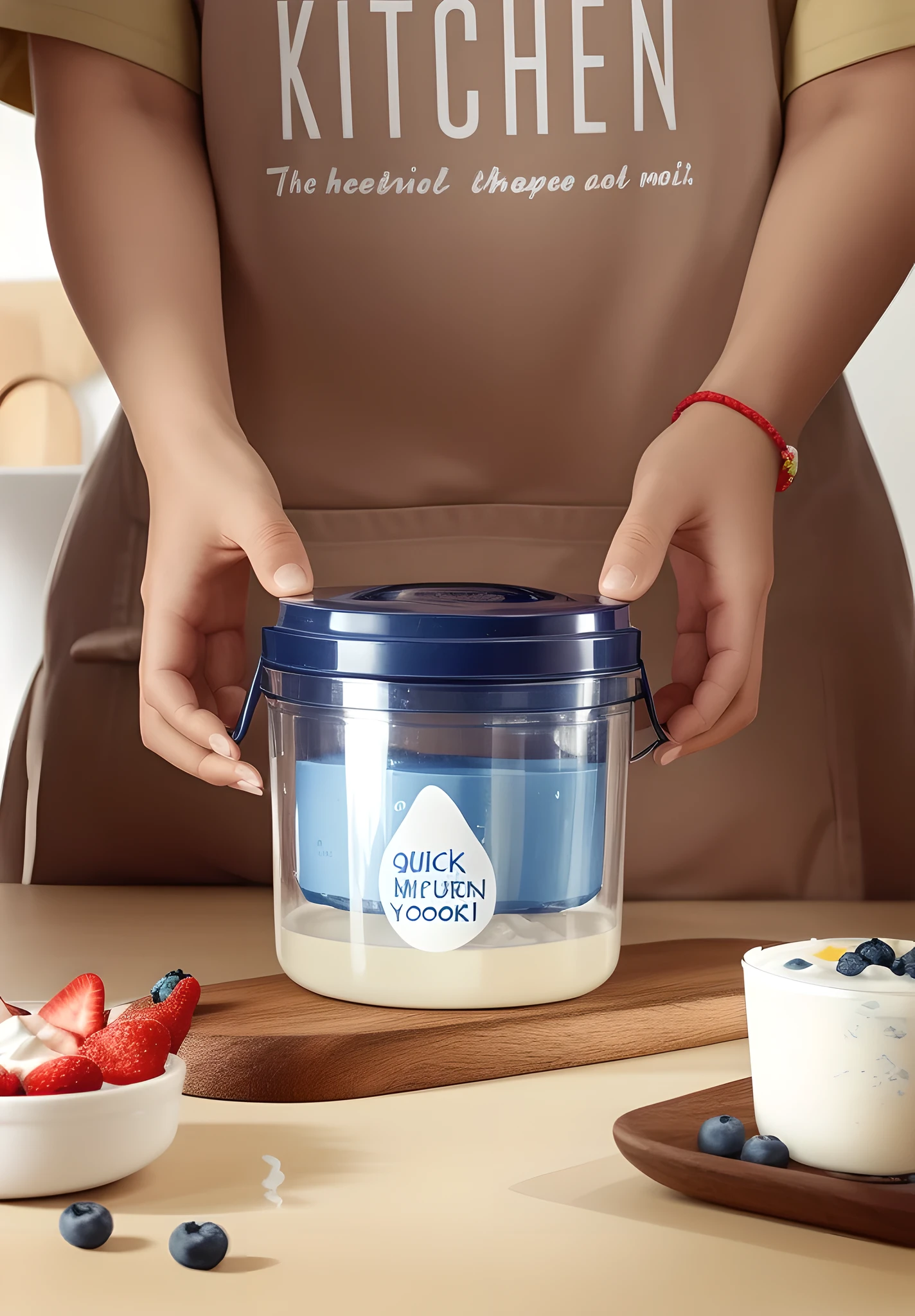 In this image, a clear plastic yogurt maker labeled "QUICK MIZUKIRI YOGURT" is placed on a wooden cutting board. The inside of the container was filled with a translucent liquid and a white solid. It was speculated that the liquid was water and the solid was yogurt. The container has a simple design, in clear and navy blue tones, and comes with an easy-open lid. The wooden cutting board is sturdy and has a dark brown natural wood grain. On one side of the cutting board is a small dollop of yogurt and a small wooden spoon. The background is blurred, showing sliced strawberries and an empty bowl on the table. The overall tone is warm, the light is natural, and the composition is balanced, conveying a comfortable feeling of home-made healthy food. This scene may also imply a simple, convenient and healthy lifestyle.