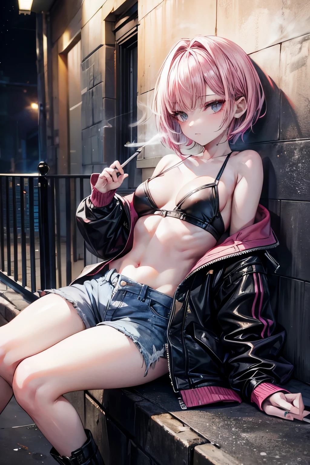 smoking girl, laying on a wall, dark street, night time, pink hair, short hair, long jacket, small girl, she's 20, she's wearing jeans, she's wearing combat boots, she's wearing a black bra, she's in extase, she's enthousiast, ambient smoke, ambient smoke everywhere, straight haired, beautiful women, small hips, a can in her left hand, cigarette in mouth, skynny leg