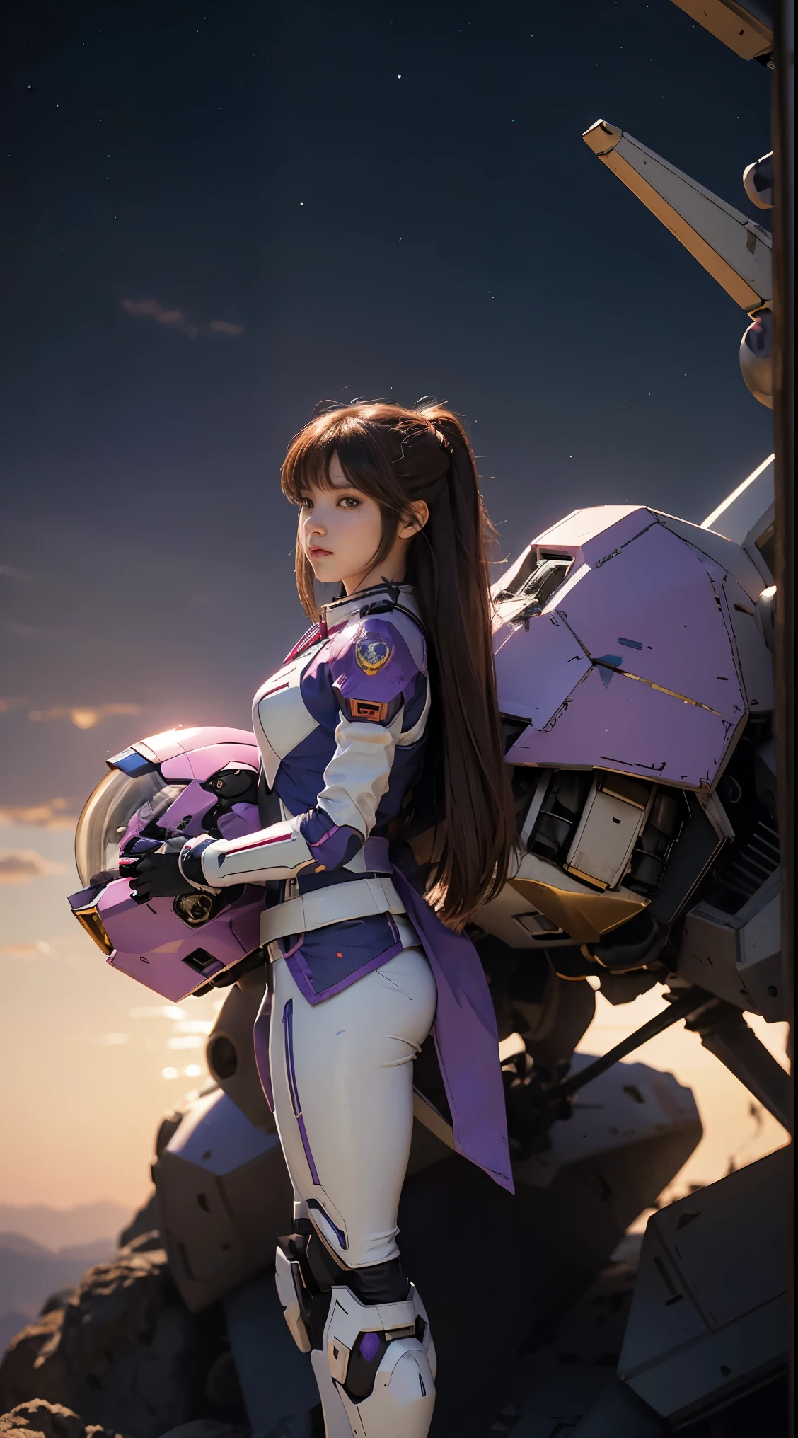 RAW, Masterpiece, Ultra Fine Photo,, Best Quality, Ultra High Resolution, Photorealistic, Sunlight, Full Body Portrait, Stunningly Beautiful,, Dynamic Poses, Delicate Face, Vibrant Eyes, (Side View) a close up of a woman in a pink and white gundam custume, dybamic pose, long brown very very long hair rapunzel, girl in mecha cyber armor, portrait armored astronaut girl, d. va from overwatch, female mecha, on a gundam, gundam head, chiho aoshima color scheme, mobile suit, streamlined purple armor, fully robotic!! girl, realistic cosplay, gundam armor (dynamic pose) (best cameraview), full body