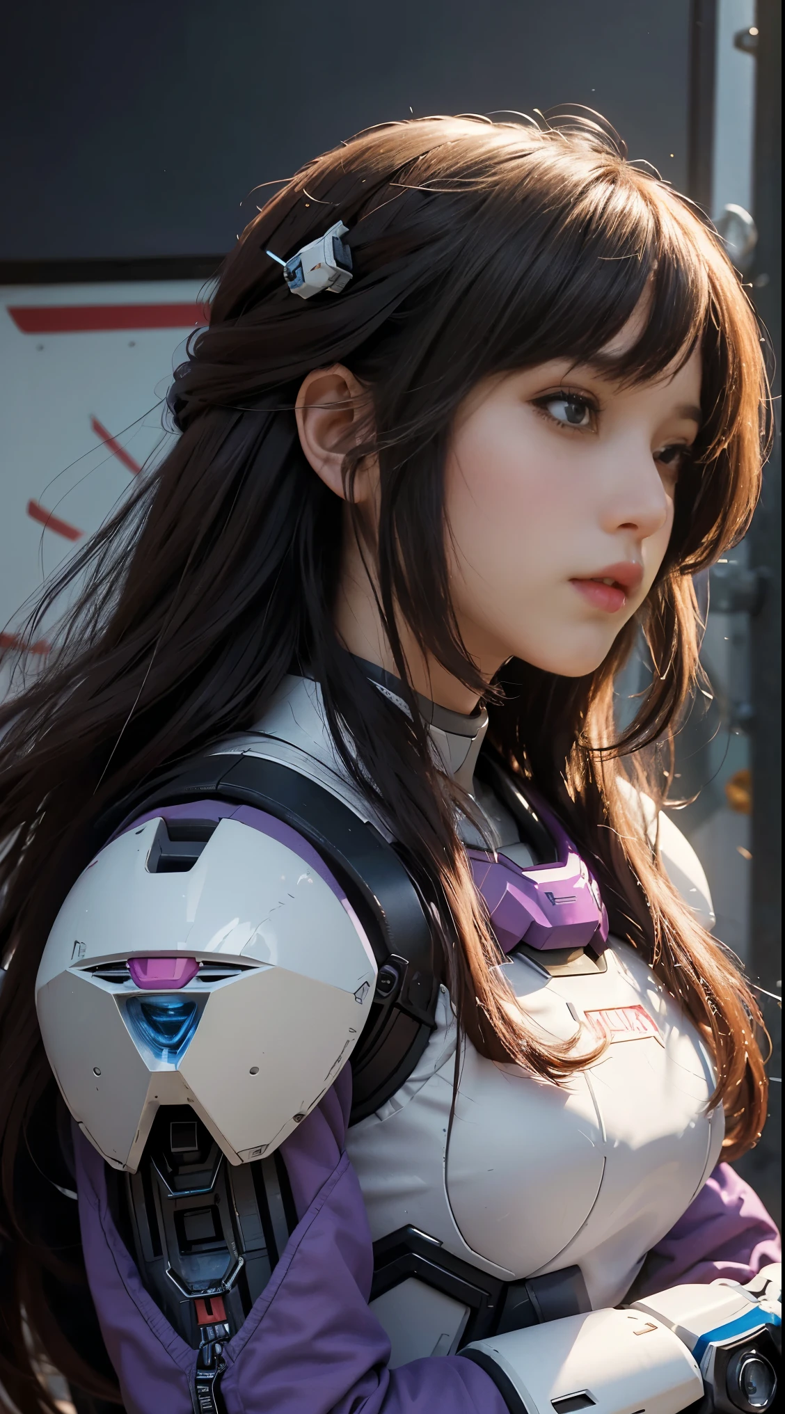 RAW, Masterpiece, Ultra Fine Photo,, Best Quality, Ultra High Resolution, Photorealistic, Sunlight, Full Body Portrait, Stunningly Beautiful,, Dynamic Poses, Delicate Face, Vibrant Eyes, (Side View) a close up of a woman in a pink and white gundam custume, dybamic pose, long brown very very long hair rapunzel, girl in mecha cyber armor, portrait armored astronaut girl, d. va from overwatch, female mecha, on a gundam, gundam head, chiho aoshima color scheme, mobile suit, streamlined purple armor, fully robotic!! girl, realistic cosplay, gundam armor (dynamic pose) (best cameraview), full body