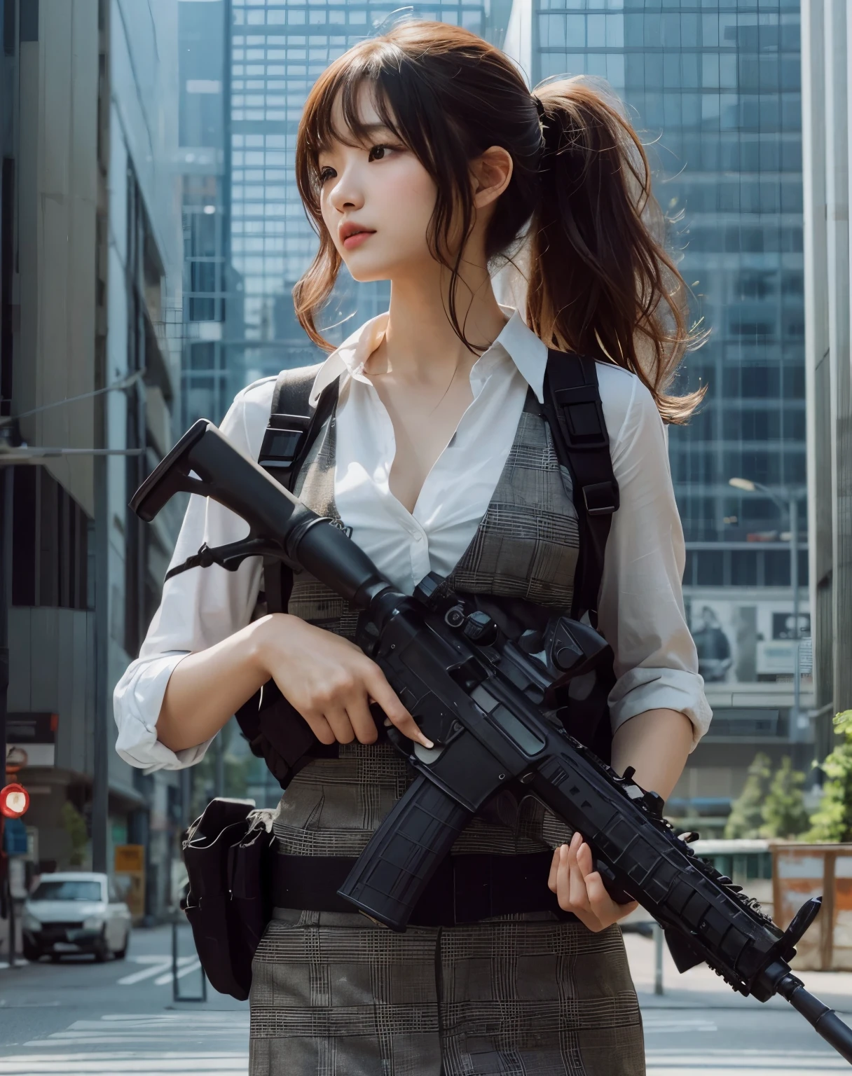 Photoreal、realistic skin texture、beautiful japanese woman、automatic rifle、Camouflage