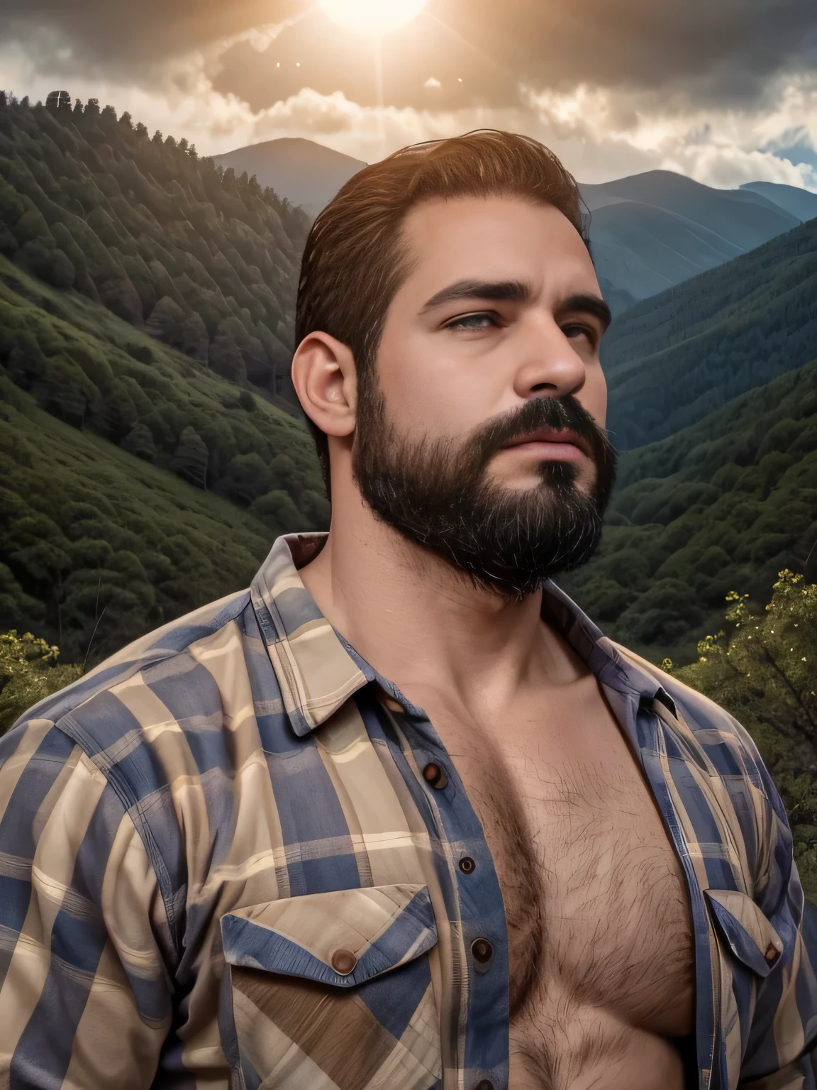 obra maestra, Mejor calidad, high resolution, Retrato de primer plano, (1 chico:1.4) A man in a lumberjack suit, muscular, (descamisado: 1.2) enfoque masculino, enfocarse solo, piel bronceada, 38-year-old man dressed as a lumberjack., muscular, fuerte, peludo, Masculino, (descamisado: 1.2), al fondo una granja, en un eclipse de sol, amazing composition, Vista frontal, HDR, volumetric lighting, (plano general, desde el frente:1.2) (GS-Macho :1.5) (magnificent landscape:1.2)