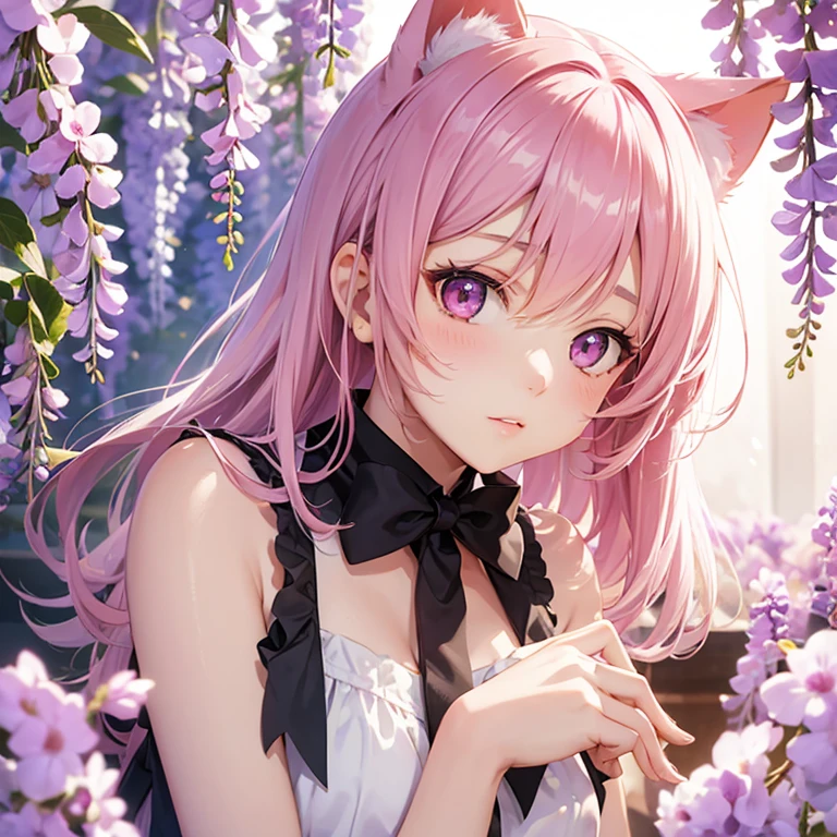 1 girl, alone, Cute girl with pink hair, pink eyes, Wisteria flower background, soft natural light, cat ears, sleeveless white shirt