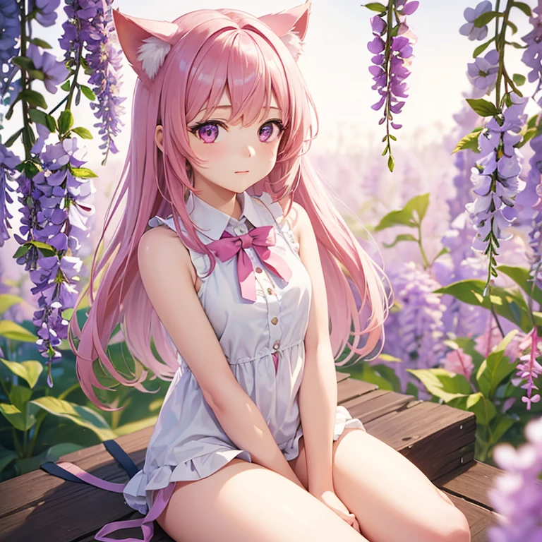 1 Girl, Solitary, Cute girl with pink hair, Pink Eyes, Wisteria flowers background, Soft natural light, Cat ears, Sleeveless white shirt