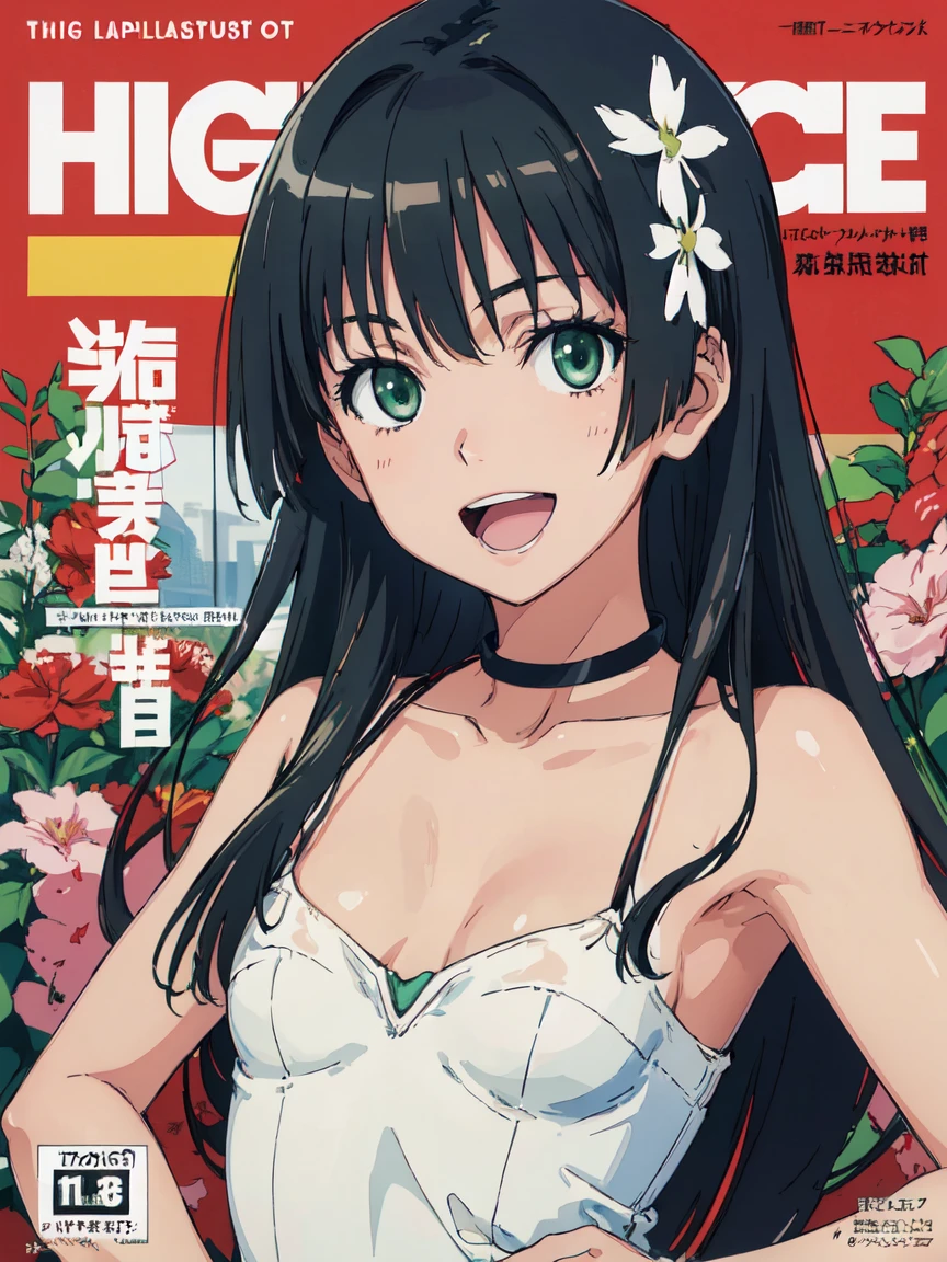 PlayboyCoverQuiron style, playboy cover, (High resolution:1.4), (masutepiece:1.2), (High quality:1.3) 1girl, saten ruiko, green eyes, long hair, black hair, small breast, smile, open mouth