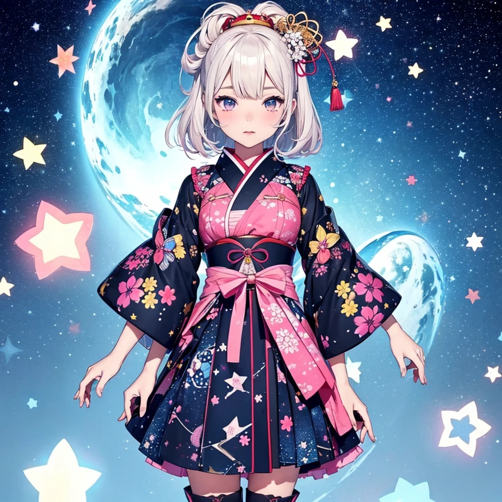1girl、vtuber-fullbody、Star Fairy、masterpiece、official art、Super detailed、super beautiful、かわいいStar Fairy、white straight short hair、Milky Way、universe、star charm、star、baby face、Knee-high boots、Japanese pattern dress、A beautiful girl wearing black and white clothes that are a remake of a yukata.、universeを思わせるOiranフリルドレス、Oiran