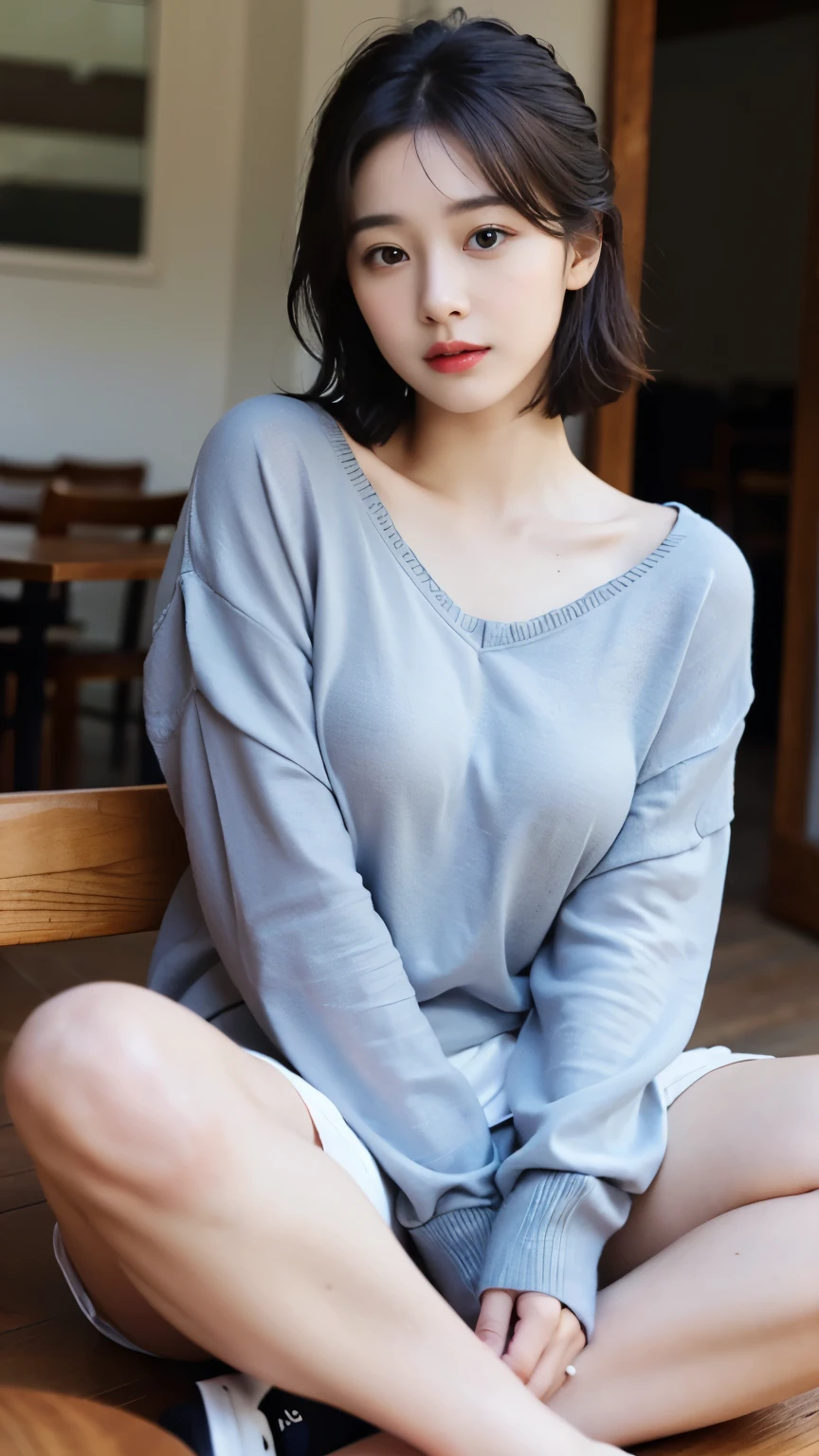 (best quality), (8K), (20 year old woman), (small face), (realistic), (ergonomic), (HUD), (detailed), (perfect face), (ultra-high resolution), (perfect body), (clean skin), (Detail expression), (1 woman), (professional photography), lookbook, Layered cut, Short hair, deep v-neck shirt, super big tits, saggy breasts, gaping breasts, red lips, chapped lips, circle lens, korean beauty, ultra high resolution, 8 thousand, perfect body, HUD, Ergonomic, slim legs, small face, long eyelashes, Sparkling pink lips, eye for detail, clean skin, blemish-free face, Highly Detailed CG Integrated 8 thousand Dendenden Wallpapers, Detail, High quality RAW color photos, professional photography, glowing skin, circle lens, (blue sky), (small face), (blue sky과 바다가 보이는 야외 카페 의자에 앉아:1.2), Wind-blown hair, (gray pullover:1.2), beautiful cafe, Sea Cafe, beach cafe, coffee shop, coffee shop, wearing sandals, wearing sandals, tide, crossed legs, very large breasts,