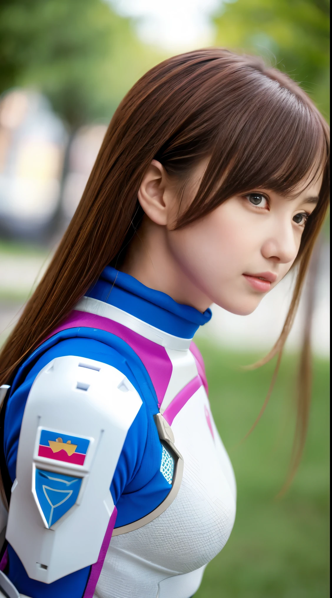 RAW, Masterpiece, Ultra Fine Photo,, Best Quality, Ultra High Resolution, Photorealistic, Sunlight, Full Body Portrait, Stunningly Beautiful,, Dynamic Poses, Delicate Face, Vibrant Eyes, (Side View) a close up of a woman in a pink and white gundam custume, dybamic pose, long brown very very long hair rapunzel, girl in mecha cyber armor, portrait armored astronaut girl, d. va from overwatch, female mecha, on a gundam, gundam head, chiho aoshima color scheme, mobile suit, streamlined purple armor, fully robotic!! girl, realistic cosplay, gundam armor (dynamic pose) (best cameraview), full body