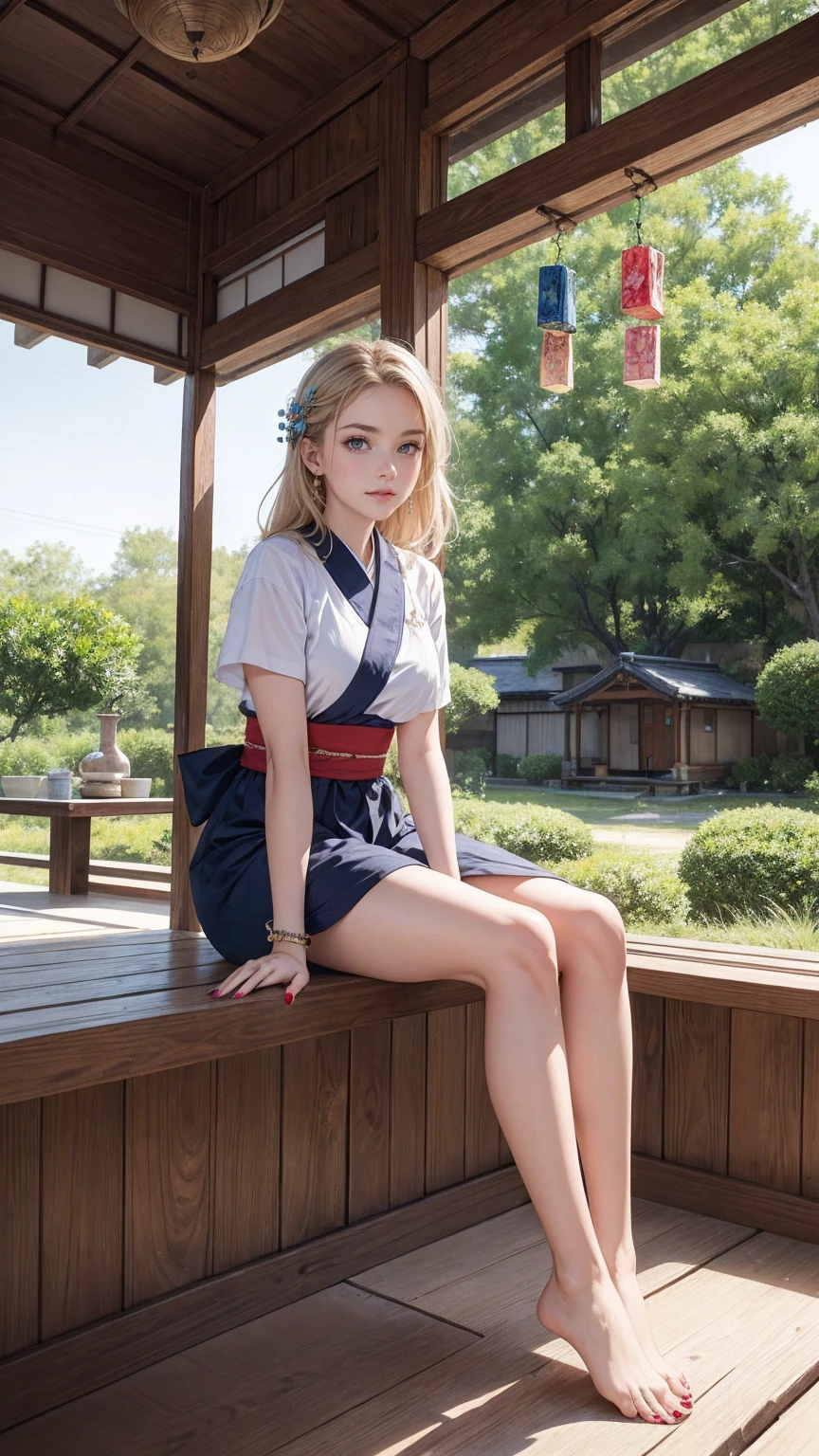 ((最high quality, 8K, masterpiece: 1.3, Ultra HD, high quality, 最high quality, High resolution, realism)) 、A 22-year-old extremely beautiful white woman、Her hair color is platinum blonde、blue eyeedium hair、straight hair、The hair is shiny、The skin is lustrous、smile、Slender but well-proportioned muscular body、Athlete-like body type、I don't want my head to disappear from the screen.、Wearing accessories on your wrist、Wearing red nail polish、I have a peticure、Sitting on the veranda of a Japanese house in the Japanese countryside、It's summer、A wind chime is hung in front of the eaves.、barefoot、There is a basket full of tomatoes and carrots on the veranda.、The basket is made of woven bamboo strips、A courtyard spreads out in front of the verandah.、There is a well with a hand pump in the courtyard.、wear a yukata、The blue sky is beautiful、Cumulus clouds appear、summer sunshine、anatomically correct((anatomically correct))、Ultra high definition((UHD))、textured skin((textured skin))、very detailed((super detail))、high detail((high details))、smile((smile))