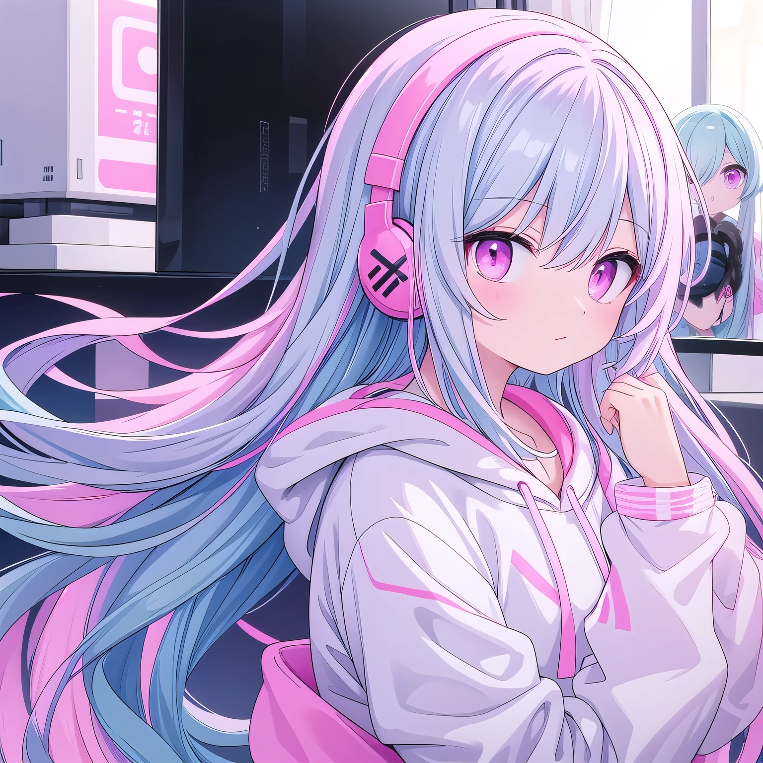 Long light blue hair,Pink and white sweatshirt,pink eyes,black headphones