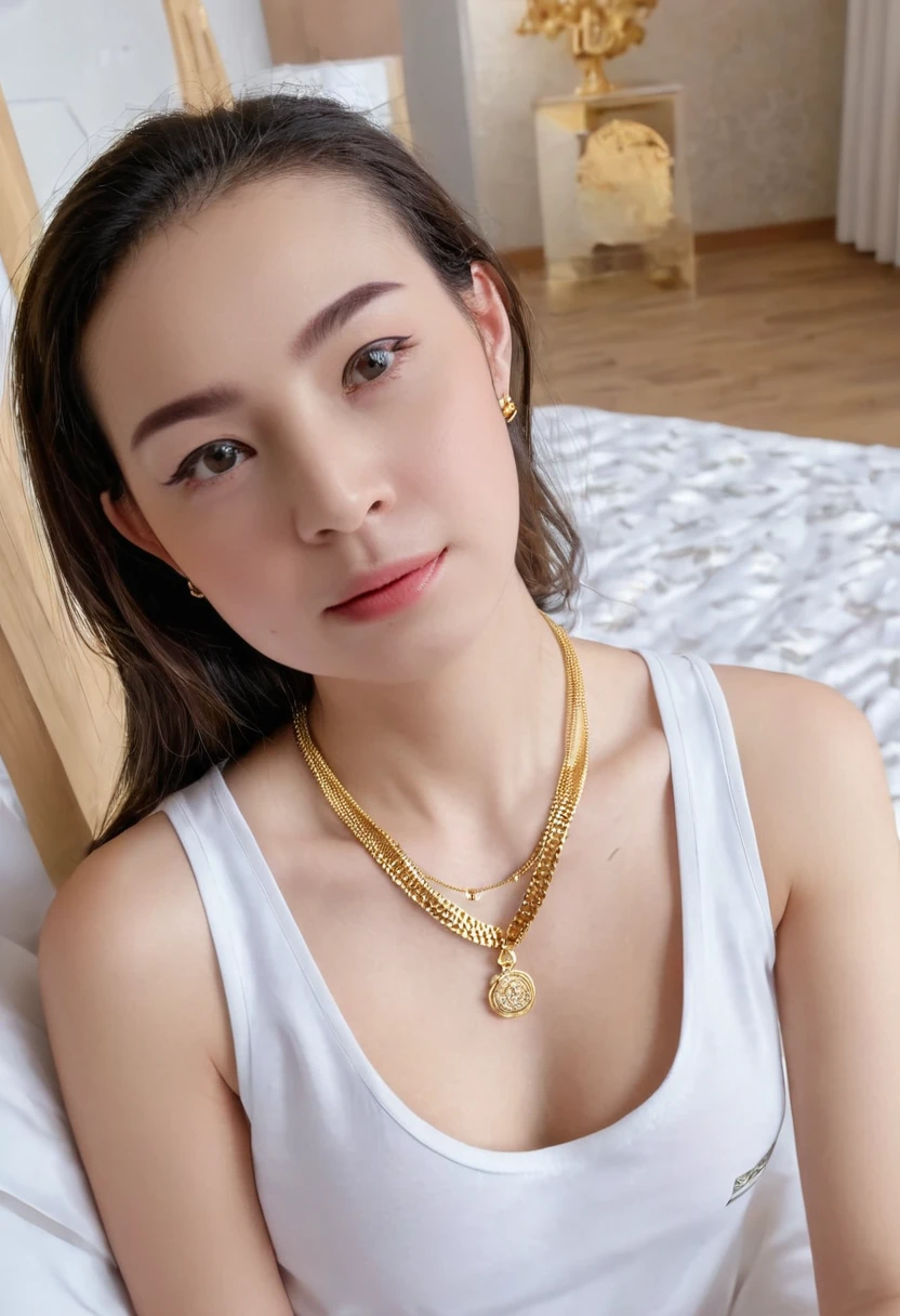 1 girl,8k, masterpiece,on bed,gold necklace