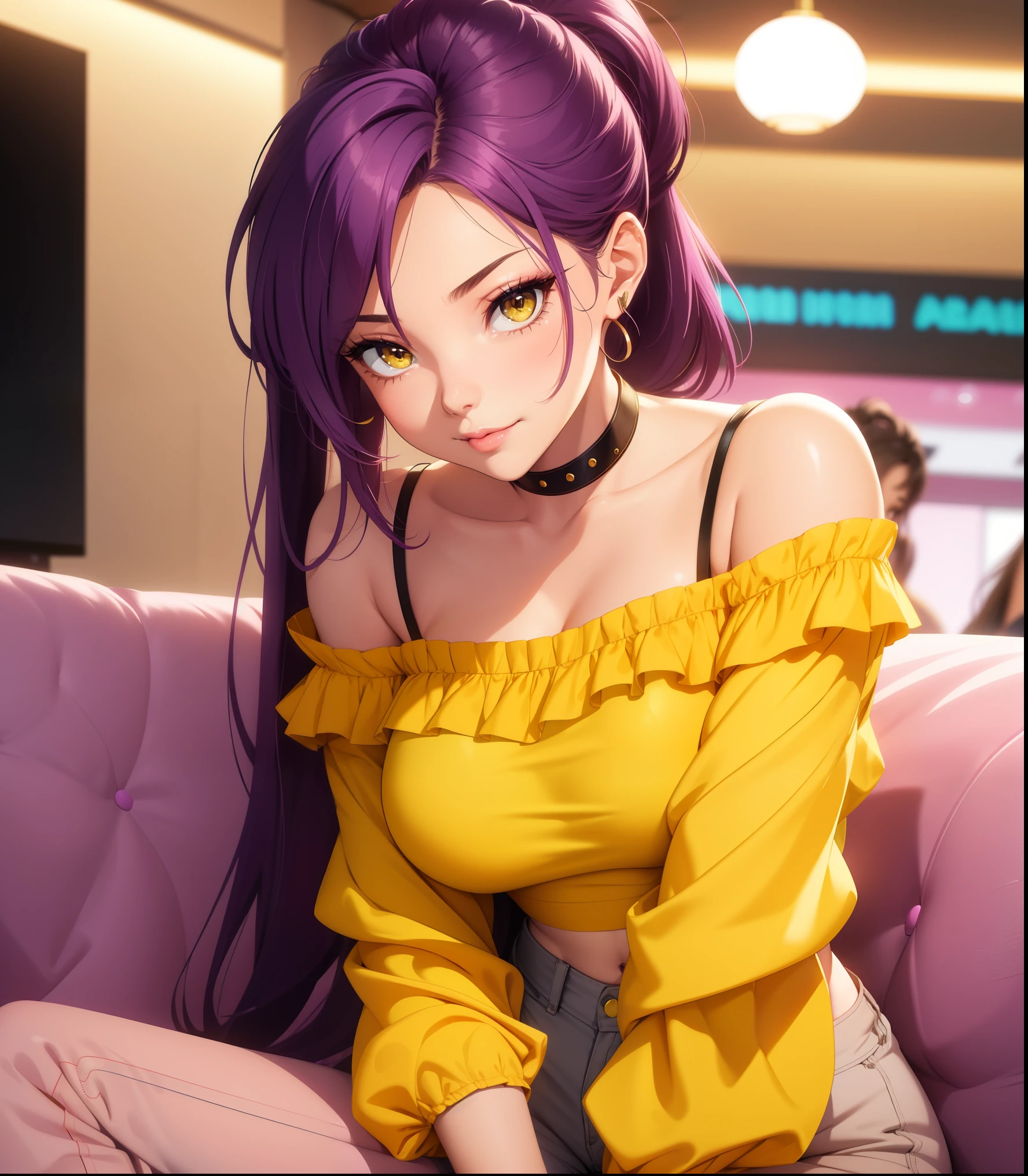 medium breasts, realistic, 1 girl 20 years old, sensual body, hair tied in ponytail, violet hair, yellow eyes, bright eyes, stylish off-the-shoulder blouse, long delicate fabric pants, soft makeup, pink lips, shy smile, blush, shopping, karaoke, sofa, sitting