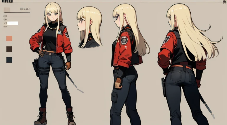 21 year old, blonde girl, long hair (((narroweyes))) (((slightly awkward shy gaze))), bangs, desert military pants, white tank top, red leather jacket, shotgun, military equipment, Wolfenstein II (((detailed character sheet, frontal view, side view, three quarter view,)))