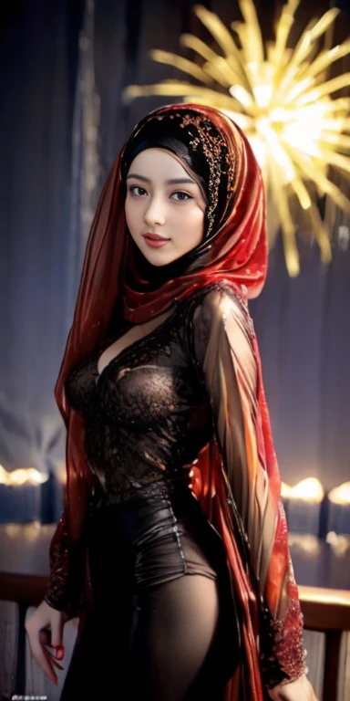 ((Realistic lighting, Best quality, 8K, Masterpiece: 1.3)), Clear focus: 1.2, 1 malay girl, Perfect body beauty: 1.4, Slim abs: 1.1, ((light gold hijab, Big breasts: 1.3)), (Wearing ultra-thin light gold transparent underwear: 1.4, light gold stockings: 1.2,), (Outdoor, night: 1.1), City streets, Super fine face, fine eyes, double eyelids, hands on the head, lying on the bed.