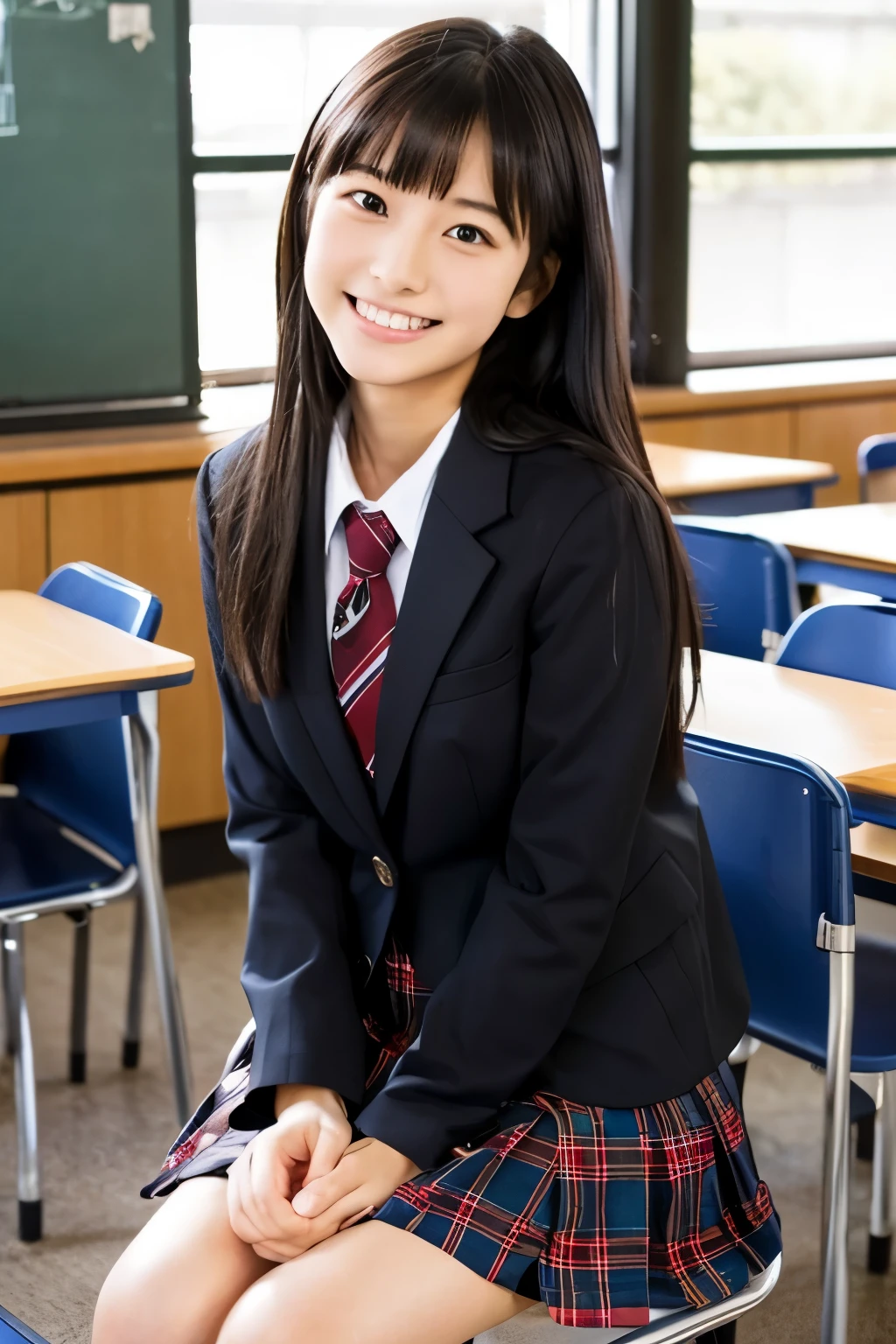 Photorealistic taste、Japanese high school girl 17 years old、black hair、medium long hair、blazer uniform、tie、plaid skirt、The background is an after-school classroom at a high school in Tokyo.、The time zone is15About time、Sitting on a chair in the classroom、Smiling and talking with a female friend、(highest quality)