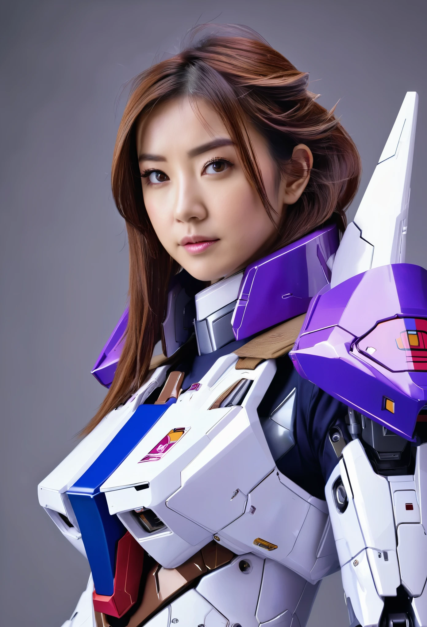 RAW, Masterpiece, Ultra Fine Photo,, Best Quality, Ultra High Resolution, Photorealistic, Sunlight, Full Body Portrait, Stunningly Beautiful,, Dynamic Poses, Delicate Face, Vibrant Eyes, (Side View) a close up of a woman in a purple and white gundam custume, dybamic pose, long brown very very long hair rapunzel, girl in mecha cyber armor, portrait armored astronaut girl, d. va from overwatch, female mecha, on a gundam, gundam head, chiho aoshima color scheme, mobile suit, streamlined purple armor, fully robotic!! girl, realistic cosplay, gundam armor (dynamic pose) (best cameraview), full body, sit down, full body
