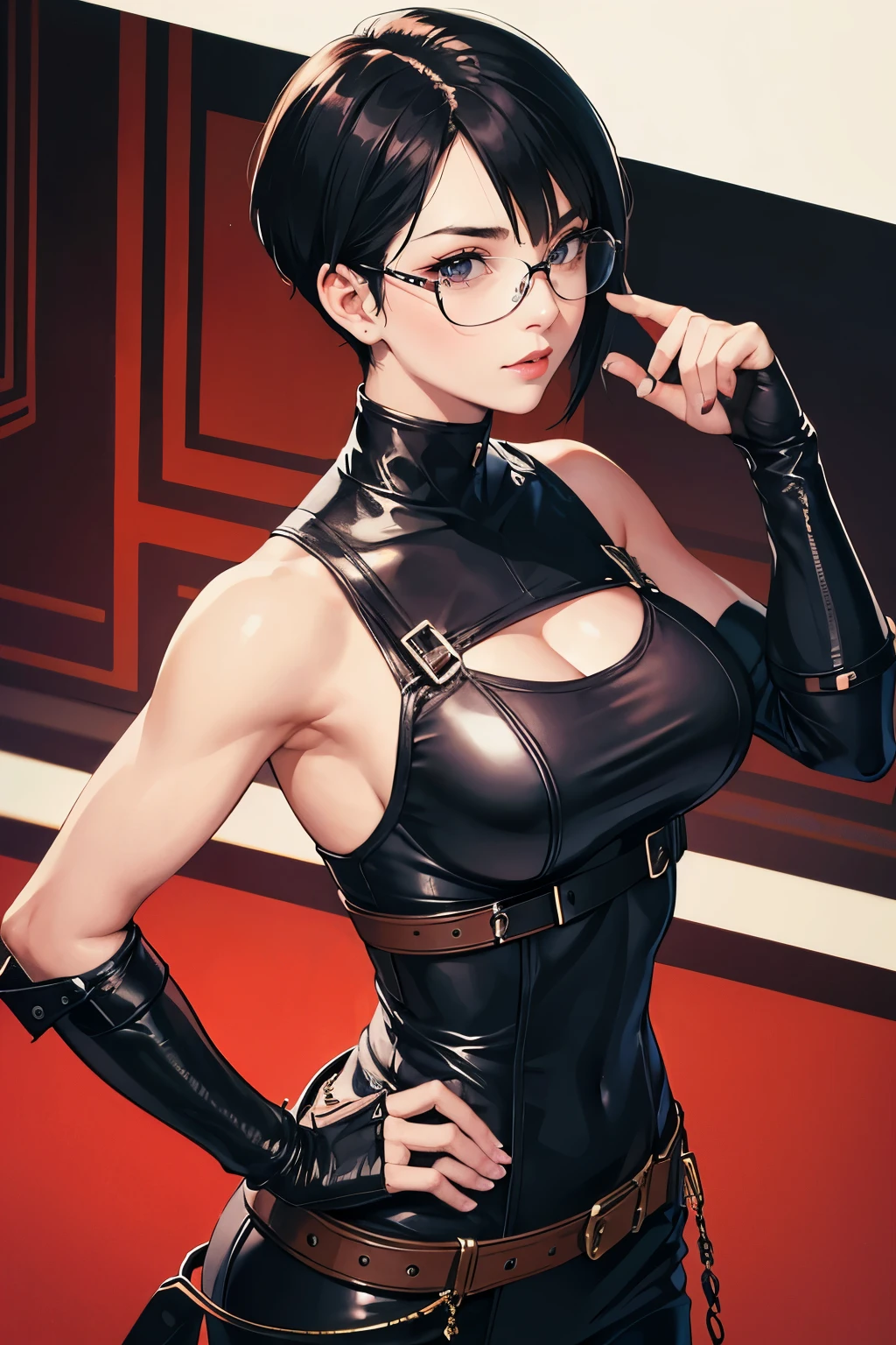 Wide angle, beautiful female fighter, wearing large glasses, black undercut hair, large steel knuckles