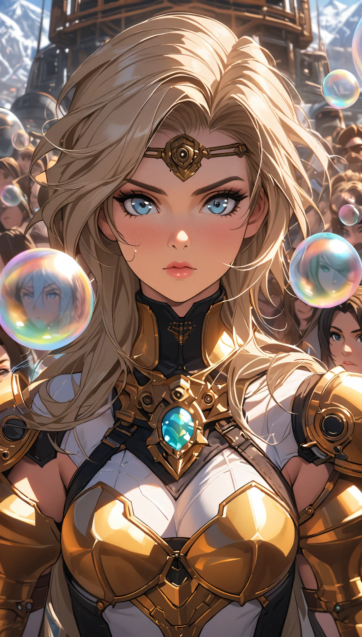 There is a woman in futuristic clothing standing in front of a group of people, Large Diesel Punk Airship, Dribbling, Inspired by Jill Elfgren, fantasy paladin woman, Inspired by Mark Brooks, [ bubble, Portrait of Helen of Troy, ski facility : :, Golden armor