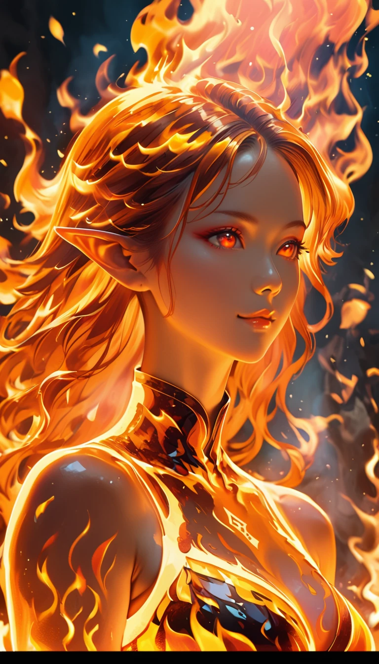 ((half body Portrait of a fire elf)), red flowing hair, shiny red eyes,( medium length pointy ears),orange fire around, flaming theme, burning atmosphere, (detailed sexy Chinese style costume:1.2), red glowing tattoos, orange crystal jewelry, light smile, mature body, colorful ,by Mappa studios,masterpiece,best quality,official art,illustration,ligne claire,(cool_color),perfect composition,absurdres, fantasy,focused,rule of third, close up portrait 