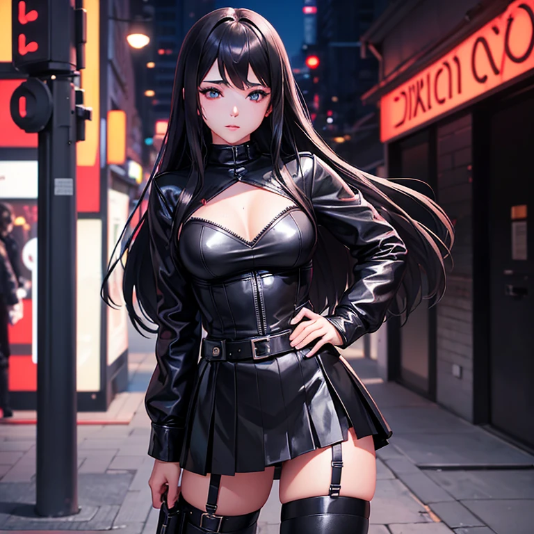 Female detective, black leather jacket, super miniskirt, keeping watch, looking at viewer, street corner