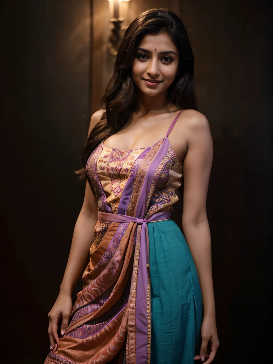 anusha in a colorful dress posing for a picture, by Max Dauthendey, actress, with lovely look, cute beautiful, very attractive and beautiful, with a seductive smile, beautiful cute, very beautiful girl, pretty face!!, beautiful face!!, gorgeous beautiful, stunning beautiful, candid!! dark background, gorgeous beautiful woman, sensuous, very very beautiful woman