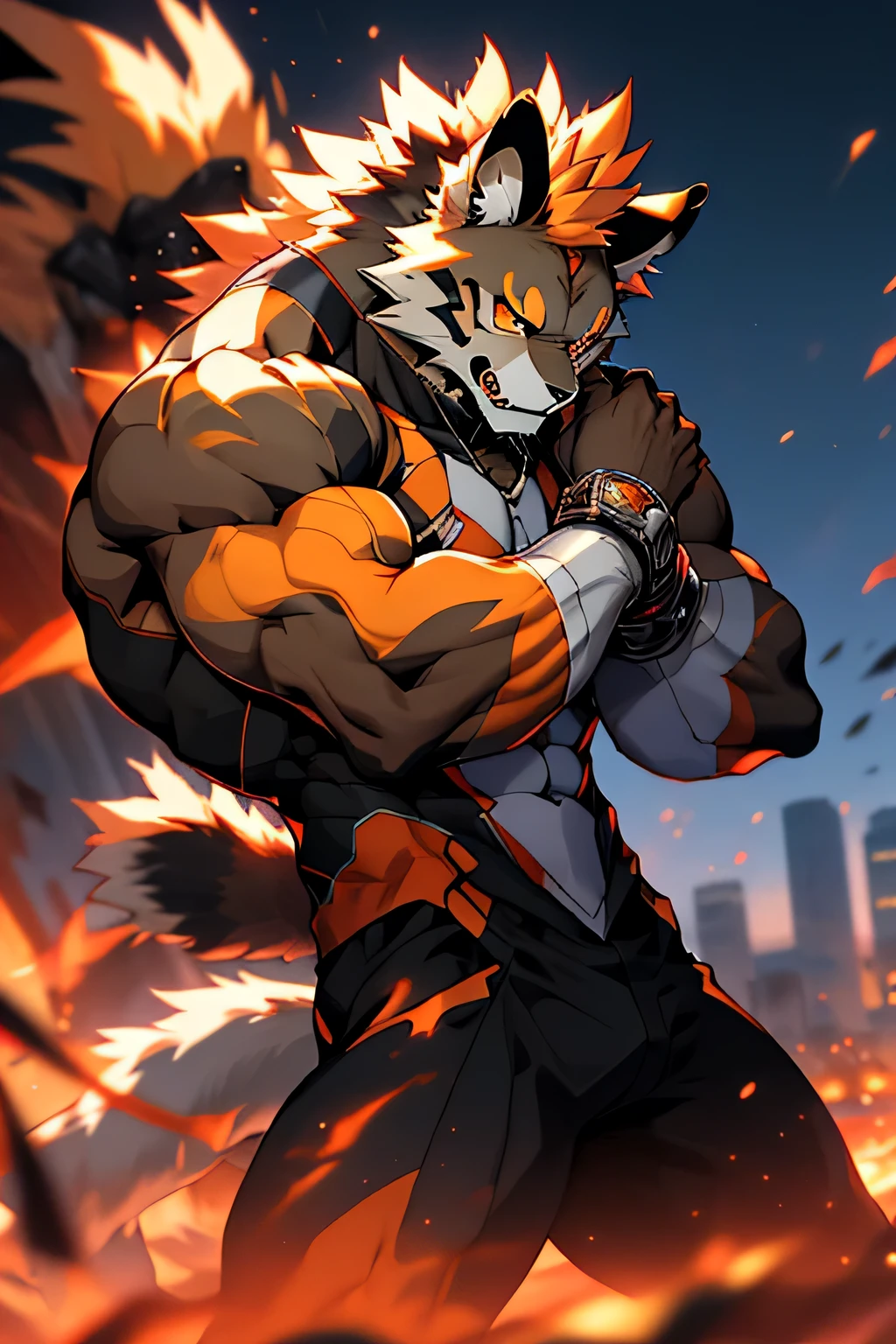 Hungry leomon, digimon, red eyes, kemono, NJFurry, masterpiece, best quality, twilight, battlefield, muscular male, depth of field, messy, black mecha danshi, black fur, mane, skin, 4k