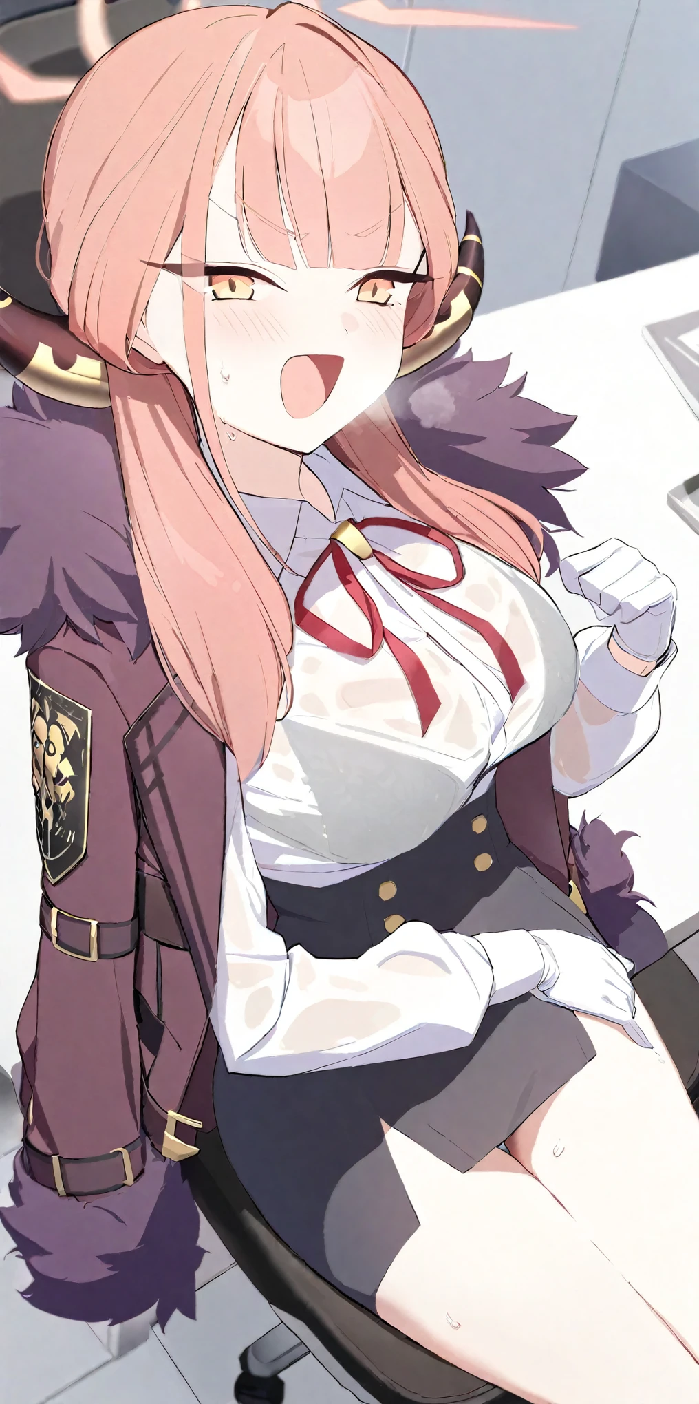 masterpiece,highres,ARU_\(BLUE_ARCHIVE\),SOLO,HORNS,WHITE_GLOVES,HALO,LONG_HAIR,FUR_TRIM,SHIRT,WHITE_SHIRT,BLACK_SKIRT,NECK_RIBBON,COLLARED_SHIRT,YELLOW_EYES,HIGH-WAIST_SKIRT,FUR-TRIMMED_COAT,JACKET,PINK_HAIR,JACKET_ON_SHOULDERS,FUR-TRIMMED_JACKET, sweating,wet clothes,steam,sitting,thigh,wet thigh,thigh together,blush,frown,open mouth,heavy breathing,hand on breasts,hand on thigh,from above,cleavge,in the office,sitting on office chair,wet shirt reveal bra,