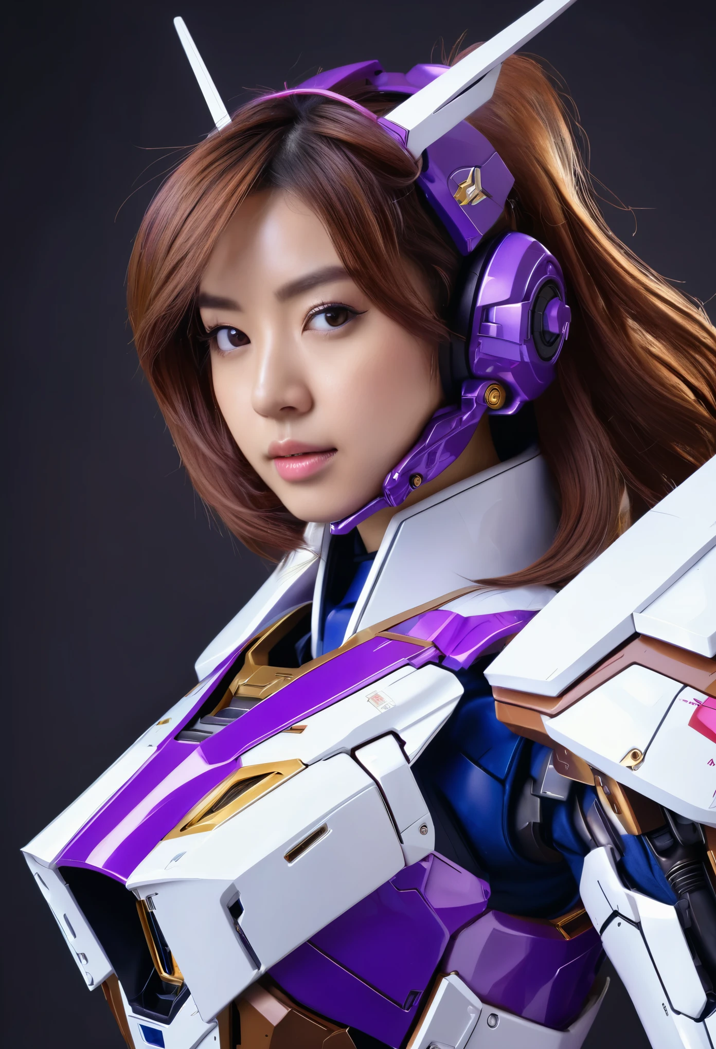 RAW, Masterpiece, Ultra Fine Photo,, Best Quality, Ultra High Resolution, Photorealistic, Sunlight, Full Body Portrait, Stunningly Beautiful,, Dynamic Poses, Delicate Face, Vibrant Eyes, (Side View) a close up of a woman in a purple and white gundam custume, dybamic pose, long brown very very long hair rapunzel, girl in mecha cyber armor, portrait armored astronaut girl, d. va from overwatch, female mecha, on a gundam, gundam head, chiho aoshima color scheme, mobile suit, streamlined purple armor, fully robotic!! girl, realistic cosplay, gundam armor (dynamic pose) (best cameraview), full body, sit down, full body