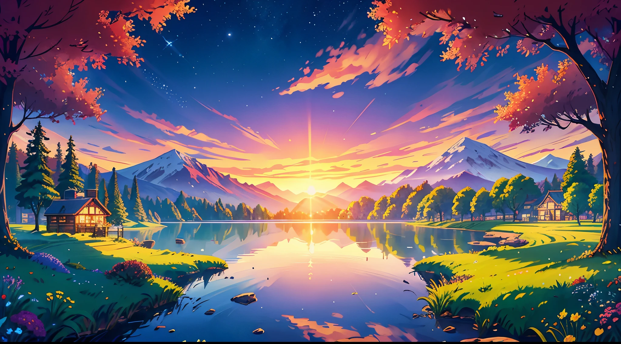 Develop a compelling design inspired by the Stardew Valley universe, Focus on some purple stars. These stars should have a unique and captivating appearance, Representing the magic and enchanting atmosphere of the game. Drawing strokes and styles、It should resemble Stardew Valley's charming pixelated look, Make sure your design stays true to the game's aesthetic,The goal、Remember, our goal is to create magical and captivating illustrations that convey the cozy and wonderful atmosphere of Stardew Valley., Highlight the purple star as the central element of the design, (rim lighting), warm tones, sun reflection, soft shadow, Bright colors, Painting effect, Dreamy atmosphere BREAK Beautiful lake, distant mountain々, willow, calm water, reflection, clouds illuminated by the sun, quiet environment, peaceful sunset, super detailed, official art, 8k unit wallpaper, tangled, mandala
