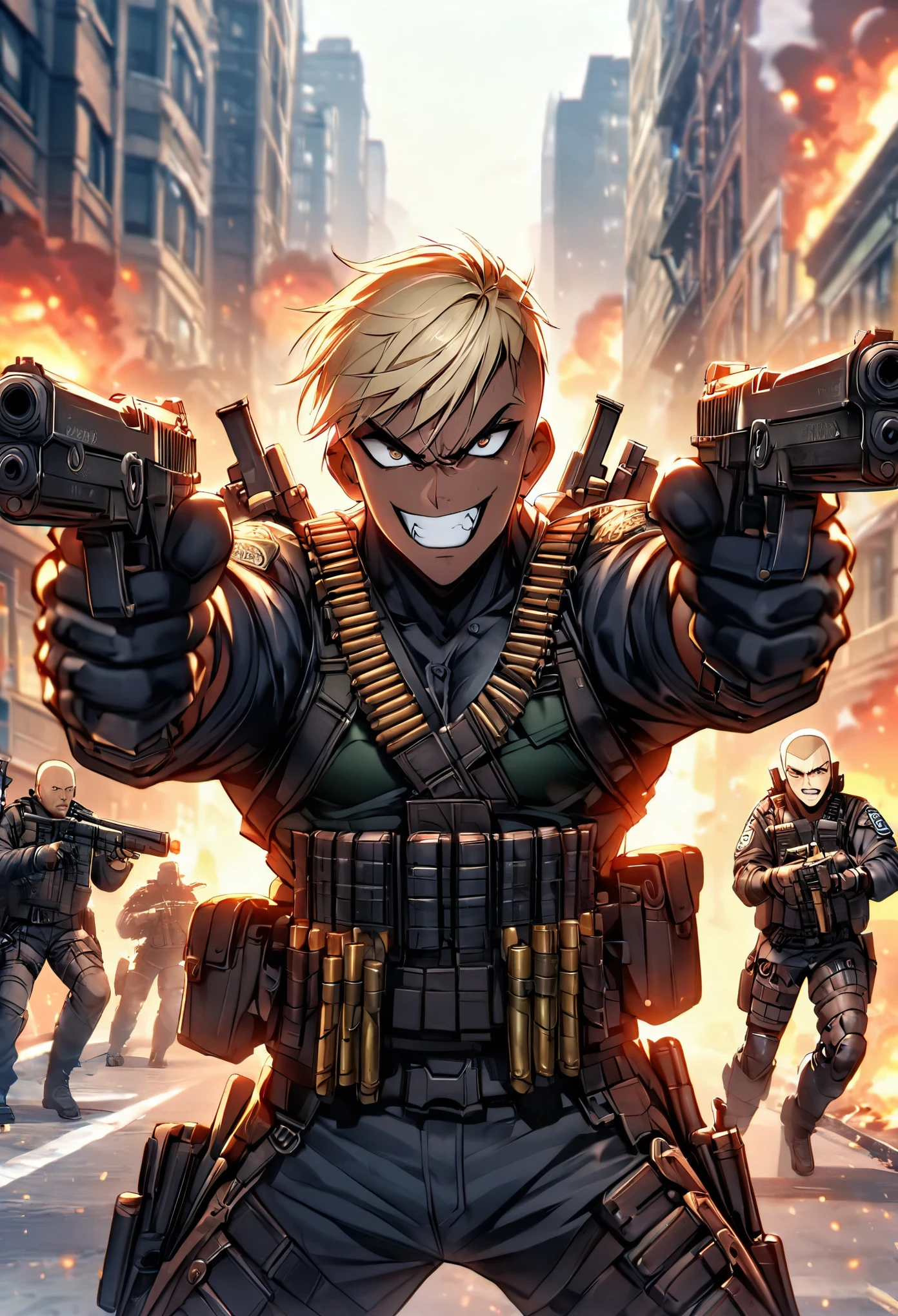 mercenary, male, male focus, muscular, blonde hair, dark brown eyes, crew cut, maniacal laugh, v-shaped eyebrow, evil smile, clenched teeth, ammunition belt, grenades, drop-down pistol holster on the right hip, holstered pistol on the right hip, (holding a shotgun), new york street, gunfight, shootout, shot NYPD cruisers, an explosion in the street