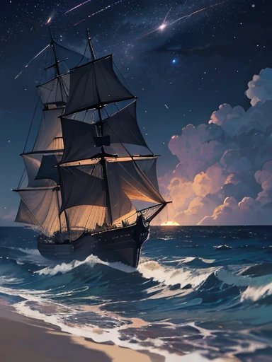 Barcos de velas piratas aterradores negros flotan entre las nubes, mar borrascoso tormenta, ciraturas que avanzan entre las estrellas, sombras, terror y pesadillas.
Criaturas horribles lovecraft