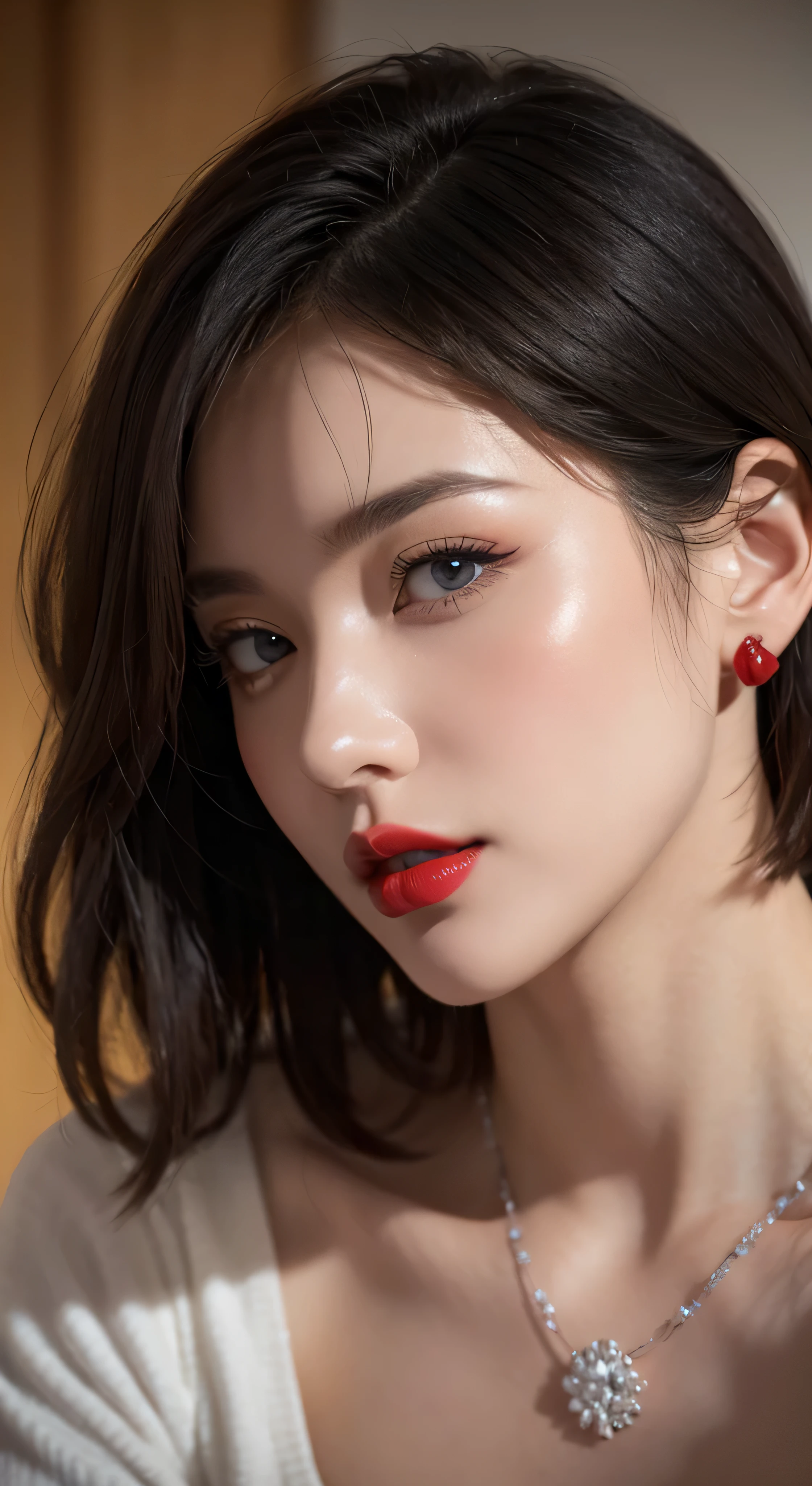 beautiful woman, italian woman, europian, europe woman, masterpiece, best quality, ultra detailed, (photorealistic:1.5), in the dark, deep shadow, low key, cold light, sexy look, shiny eyes, detailed face, full body, detailed body, full picture, beautiful eyes, sea blue eyes, (perfectly beautiful woman, perfectly beautiful face, Perfectly beautiful eyes, perfectly beautiful nose, perfectly beautiful nose孔, perfectly beautiful lips), sleepy, parted lips, (red lips:1.2, glossy lips:1.5, lip reflection:1.4), detailed eyeshadows, detailed eyelashes, (eye reflection:1.3, sparkling pupils:1.2, long eyelashes:0.7), brown hair, wispy fringe bangs haircut, (attractive:1.6), sharp focus, seductive eyes, (short hair:1.3), (wavy hair:1.2), (crystal small earrings, sparkling necklace), red off shoulder dress, (beautiful:1.6) (Detailed texture of wrinkles in clothing:1.3), looking at the viewer
