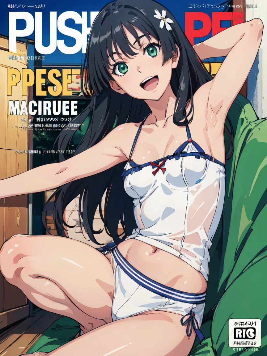 penthouse-cover, (High resolution:1.4), (masutepiece:1.2), (High quality:1.3) 1girl, saten ruiko, green eyes, long hair, black hair, small breast, smile, open mouth