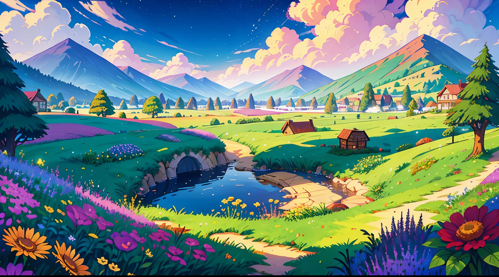 Develop a compelling design inspired by the Stardew Valley universe, Focus on some purple stars. These stars should have a unique and captivating appearance, Representing the magic and enchanting atmosphere of the game. Drawing strokes and styles、It should resemble Stardew Valley's charming pixelated look, Make sure your design stays true to the game's aesthetic,The goal、Remember, our goal is to create magical and captivating illustrations that convey the cozy and wonderful atmosphere of Stardew Valley., Highlight the purple star as the central element of the design, (rim lighting), warm tones, sun reflection, soft shadow, Bright colors, Painting effect, Dreamy atmosphere BREAK Beautiful lake, distant mountain々, willow, calm water, reflection, clouds illuminated by the sun, quiet environment, peaceful sunset, super detailed, official art, 8k unit wallpaper, tangled, mandala