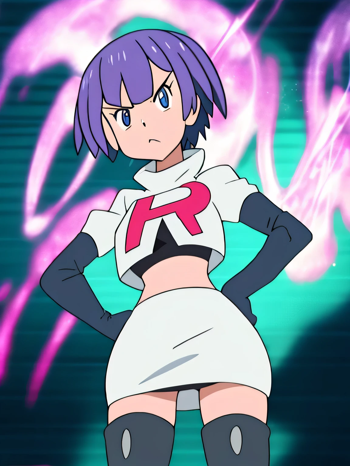 sophie,very large breasts,8k, masterpiece,highres, team rocket uniform, red letter r, white skirt,white crop top,black thigh-high boots, black elbow gloves, glaring angrily, looking down at viewer, hands on hips, cowboy shot, from below, black panties,anime style, vivid colors, sharp focus, intense lighting,
