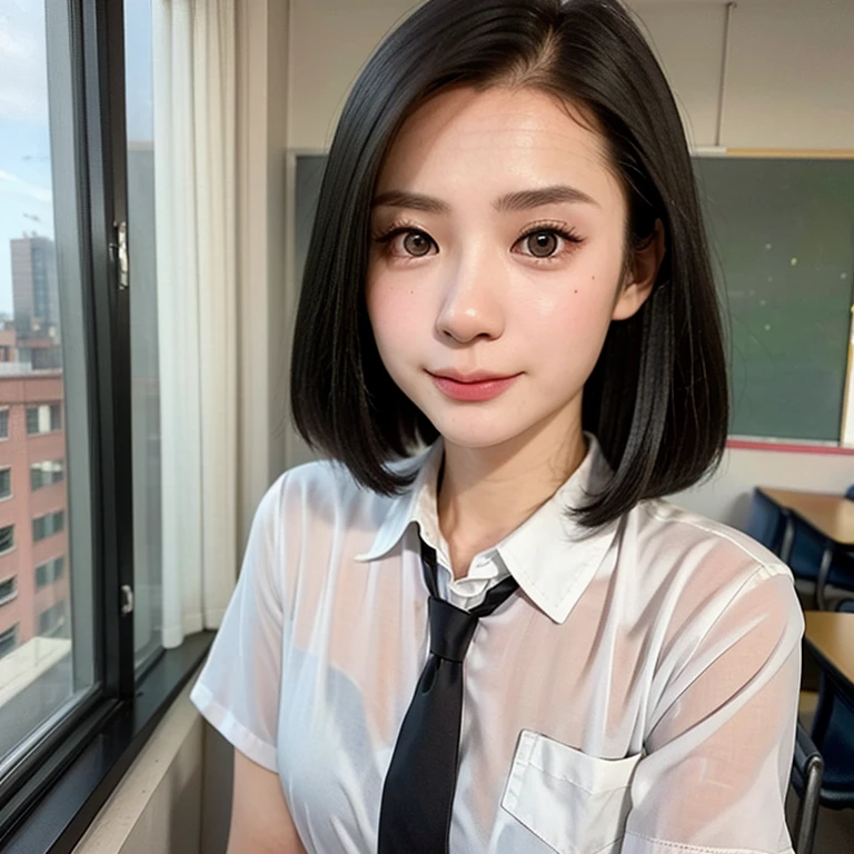 (kawaii 24 year-old Japanese girl, Nogizaka idol, Korean idol), (glossy black hair, seductive random hair style:1.3), (extra rounded face, single eyelid, no makeup, soft smiling:1.2), (wearing collared shirt, necktie:1.3), (well shaped extra small breasts), (looking at viewer:1.2), BREAK, (classroom background, standing by the window:1.3), (dynamic angle, face focus:1.3), BREAK, (masterpiece, best quality, photo realistic, official art:1.4), (UHD, 8K quality wallpaper, high resolution, raw photo, film grain:1.2), (shiny skin), professional lighting, physically based rendering, award winning, (perfect anatomy, highly detailed skin textures, extremely detailed face and eyes, well drawn glittering pupils), Carl Zeiss 85 mm F/1.4, depth of field, 1girl, solo,