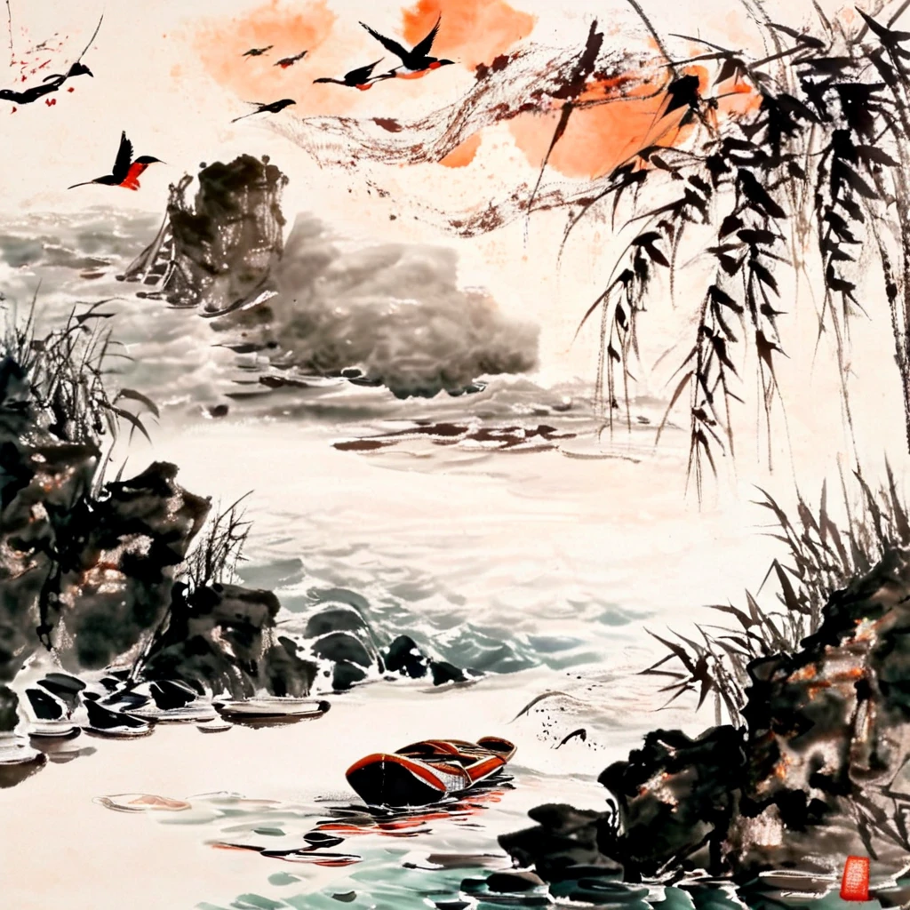 ink-painting,water墨画,landscape,bird,water,Mountain,outdoor,river, \(Moderate\),traditional media,branch,watercolor\(Moderate\),Boat,, (masterpiece, best quality, high quality, high resolution, Super detailed),