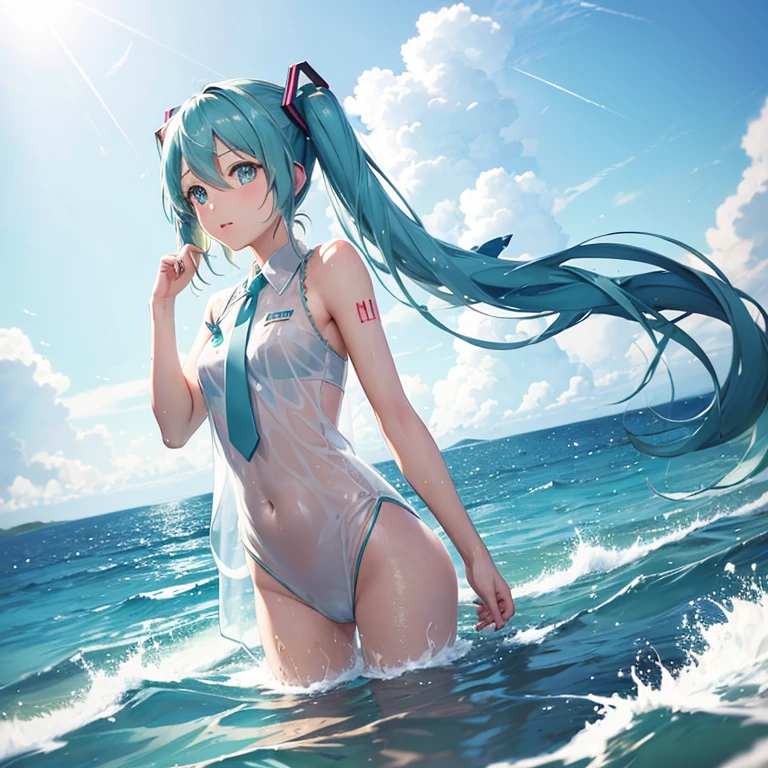 1 girl, Hatsune Miku, in the water，wet，transparent clothes