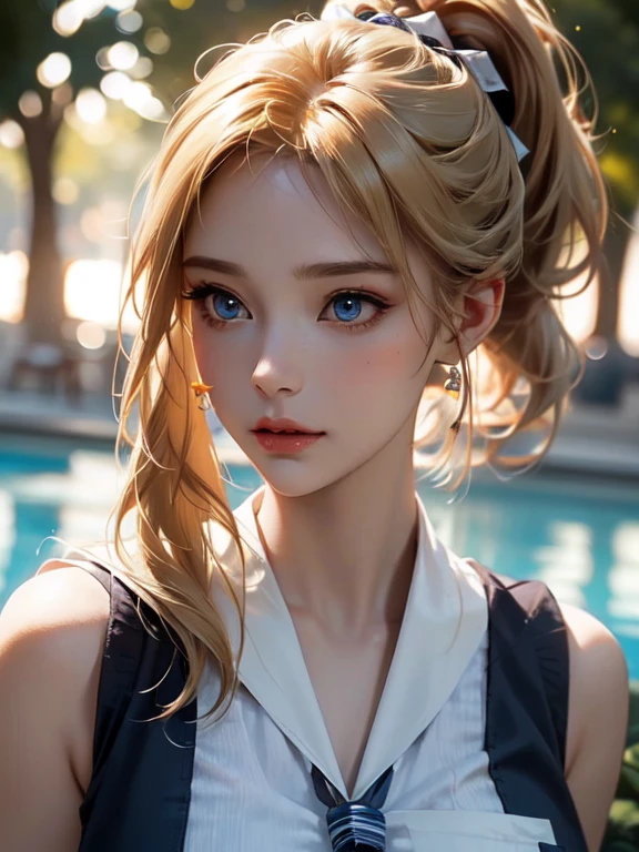 masterpiece, best quality, high quality, HD, High quality texture, High-quality shadows, high detail, Beautiful detailed, meticulous, Extremely detailed CG, Detailed texture, a actual representation of the face, actual, rich and colorful, Beautifully, film light, side light, lens flare, Ray tracing, sharp focus, (intricate details, cosmetic, Pure love face_v1:0.5), (detailed beautiful Beautifully face, detailed beautiful Beautifully eyes, Perfectly proportioned face, high detailed skin, Delicate skin, The optimal ratio of four fingers to one thumb, ((upper body shot)), (Big breasts), (split), ((smooth texture, Realistic texture, Photoactual)), (Detailed beautiful eyes, beautiful eyelashes, emerald eyes), (((Blonde semi-long hair, ponytail))), 1 female, by the pool, (((sailor shirt, sleeveless, front opening))), (pretty face, cute face, Detailed face), (((sunny))), Perfect eyes eyes