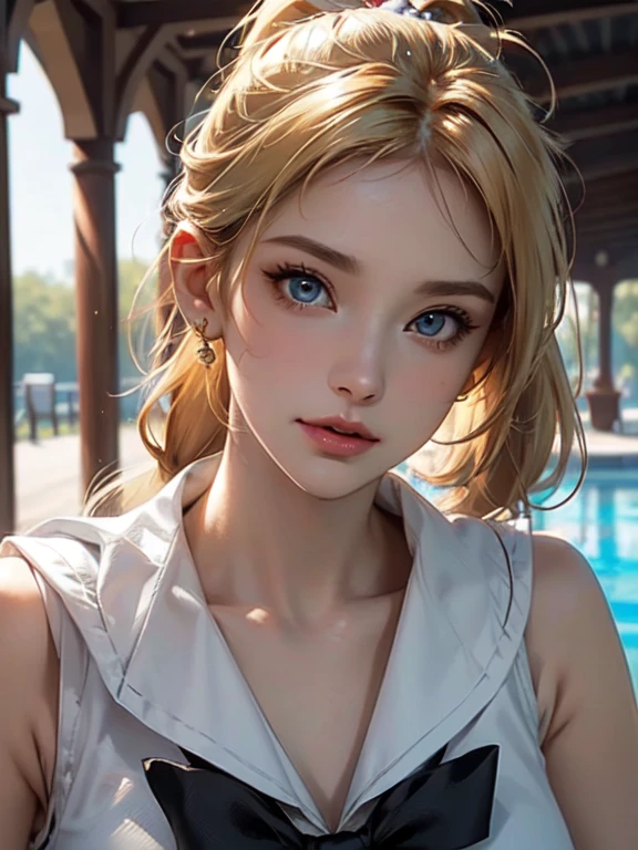 masterpiece, best quality, high quality, HD, High quality texture, High-quality shadows, high detail, Beautiful detailed, meticulous, Extremely detailed CG, Detailed texture, a actual representation of the face, actual, rich and colorful, Beautifully, film light, side light, lens flare, Ray tracing, sharp focus, (intricate details, cosmetic, Pure love face_v1:0.5), (detailed beautiful Beautifully face, detailed beautiful Beautifully eyes, Perfectly proportioned face, high detailed skin, Delicate skin, The optimal ratio of four fingers to one thumb, ((upper body shot)), (Big breasts), (split), ((smooth texture, Realistic texture, Photoactual)), (Detailed beautiful eyes, beautiful eyelashes, emerald eyes), (((Blonde semi-long hair, ponytail))), 1 female, by the pool, (((sailor shirt, sleeveless, front opening))), (pretty face, cute face, Detailed face), (((sunny))), Perfect eyes eyes