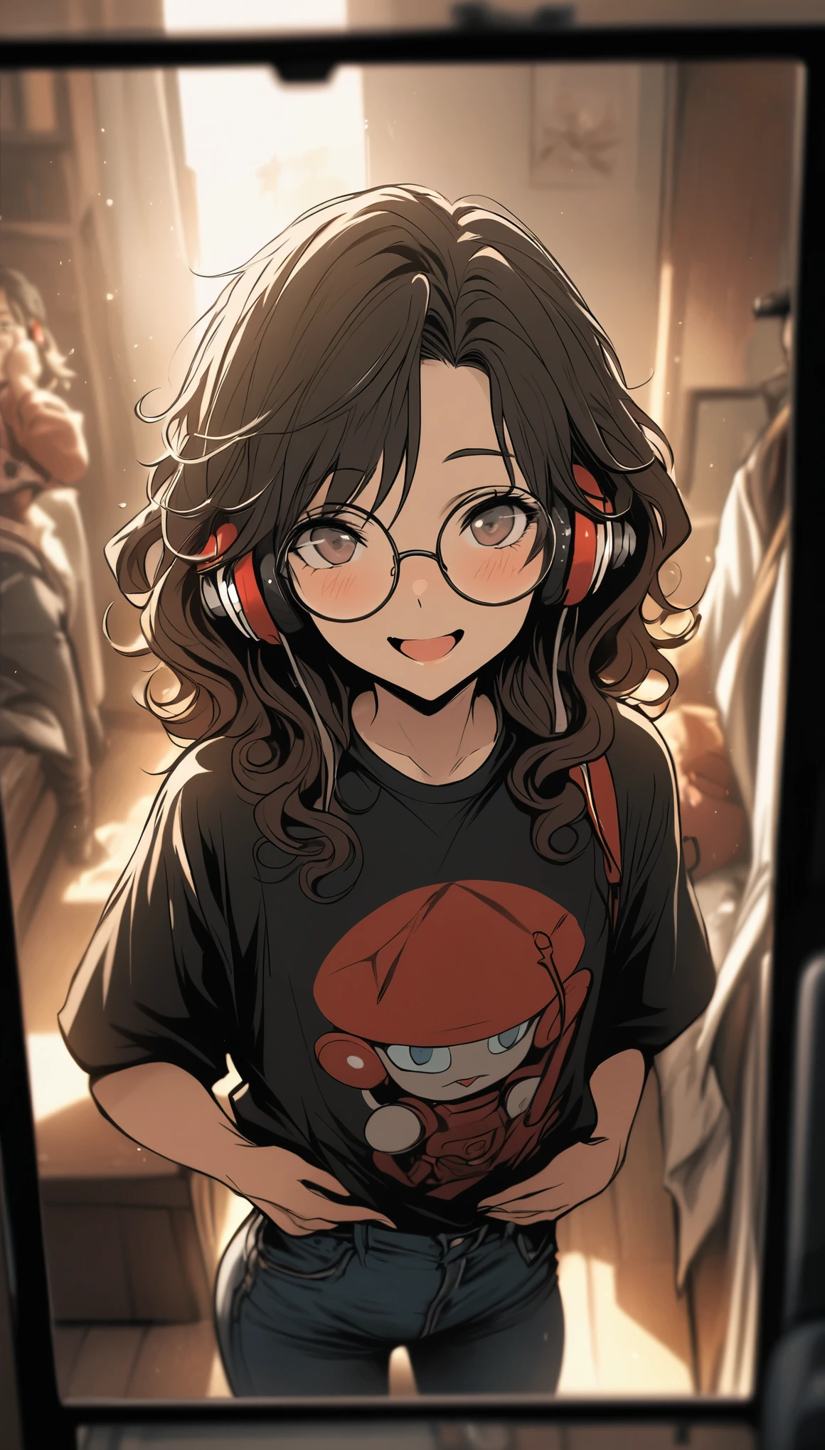 Haiyi Robot, Text 2 Picture, 11:21:31, masterpiece, best quality),1  boy, red wavy hair, round glasses, curls, Smile, Black T-shirt, wide mouth jeans, hands on waist, Headphones in ears, warm light, Blurred foreground, Posing for a selfie.  