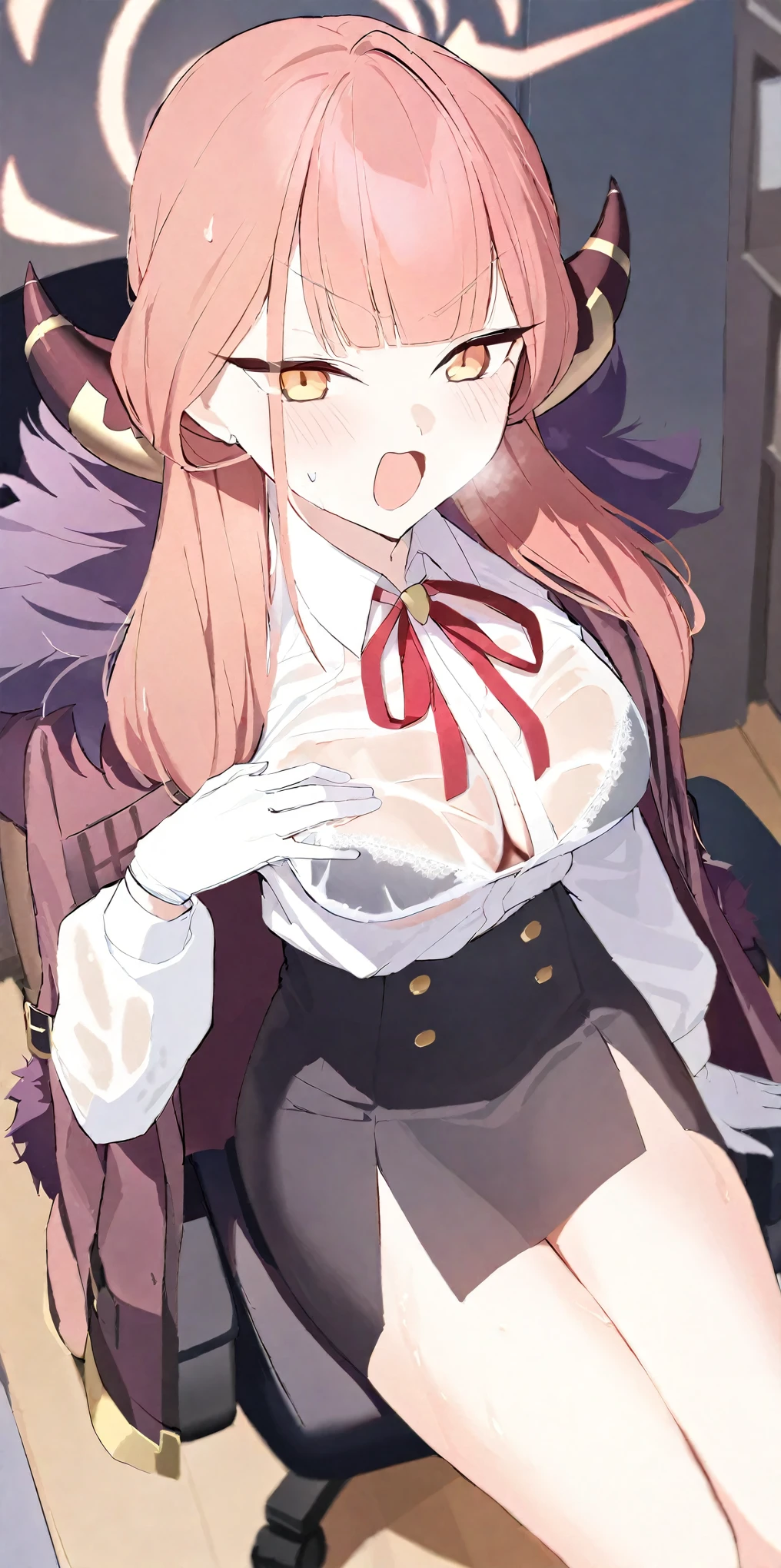 masterpiece,highres,ARU_\(BLUE_ARCHIVE\),SOLO,HORNS,WHITE_GLOVES,HALO,LONG_HAIR,FUR_TRIM,SHIRT,WHITE_SHIRT,BLACK_SKIRT,NECK_RIBBON,COLLARED_SHIRT,YELLOW_EYES,HIGH-WAIST_SKIRT,FUR-TRIMMED_COAT,JACKET,PINK_HAIR,JACKET_ON_SHOULDERS,FUR-TRIMMED_JACKET, sweating,wet clothes,steam,sitting,thigh,wet thigh,thigh together,blush,frown,open mouth,heavy breathing,hand on breasts,hand on thigh,from above,cleavge,in the office,sitting on office chair,wet shirt reveal bra,