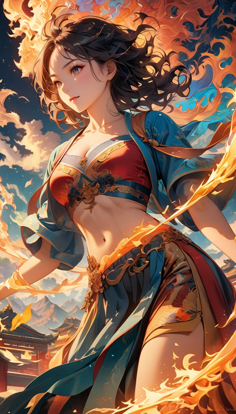 Official Art, Unified 8K Wallpapers, Ultra Detailed, Beautiful and Aesthetic, Masterpiece, Best Quality, (Zentangle, Tangle, Entangle), (fractal art: 1.4), (character center: 1.3), 1girl, black hair, Chinese, off-the-shoulders, short skirt, calf, navel, very detailed, dynamic angle, cowboyshot, (most beautiful form of chaos), ethereal, (bright colors), oc, (half: 1.2), china, (thangka flying sky: 1.5), (ribbon: 1.3), (dream: 1.5), (hanfu: 1.5), Chinese dragon, Chinese phoenix, (smile: 0.5), ( Chinese deities),