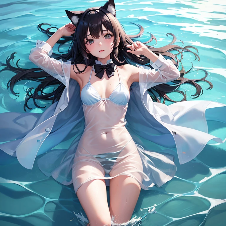 1 girl, Cat ear,in the water,wet,transparent clothes