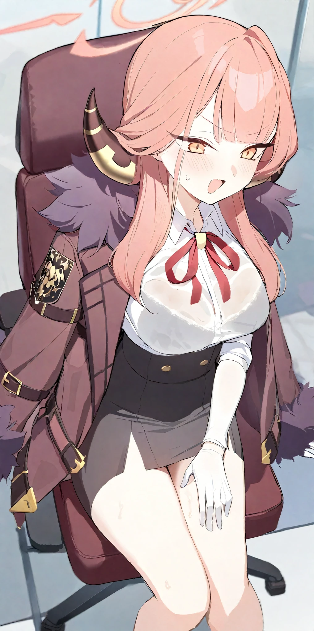 masterpiece,highres,ARU_\(BLUE_ARCHIVE\),SOLO,HORNS,WHITE_GLOVES,HALO,LONG_HAIR,FUR_TRIM,SHIRT,WHITE_SHIRT,BLACK_SKIRT,NECK_RIBBON,COLLARED_SHIRT,YELLOW_EYES,HIGH-WAIST_SKIRT,FUR-TRIMMED_COAT,JACKET,PINK_HAIR,JACKET_ON_SHOULDERS,FUR-TRIMMED_JACKET, sweating,wet clothes,steam,sitting,thigh,wet thigh,thigh together,blush,frown,open mouth,heavy breathing,hand on breasts,hand on thigh,from above,cleavge,in the office,sitting on office chair,wet shirt reveal bra,