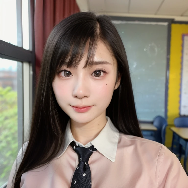(kawaii 24 year-old Japanese girl, Nogizaka idol, Korean idol), (glossy black hair, seductive random hair style:1.3), (extra rounded face, single eyelid, no makeup, soft smiling:1.2), (wearing collared shirt, necktie:1.3), (well shaped extra small breasts), (looking at viewer:1.2), BREAK, (classroom background, standing by the window:1.3), (dynamic angle, face focus:1.3), BREAK, (masterpiece, best quality, photo realistic, official art:1.4), (UHD, 8K quality wallpaper, high resolution, raw photo, film grain:1.2), (shiny skin), professional lighting, physically based rendering, award winning, (perfect anatomy, highly detailed skin textures, extremely detailed face and eyes, well drawn glittering pupils), Carl Zeiss 85 mm F/1.4, depth of field, 1girl, solo,