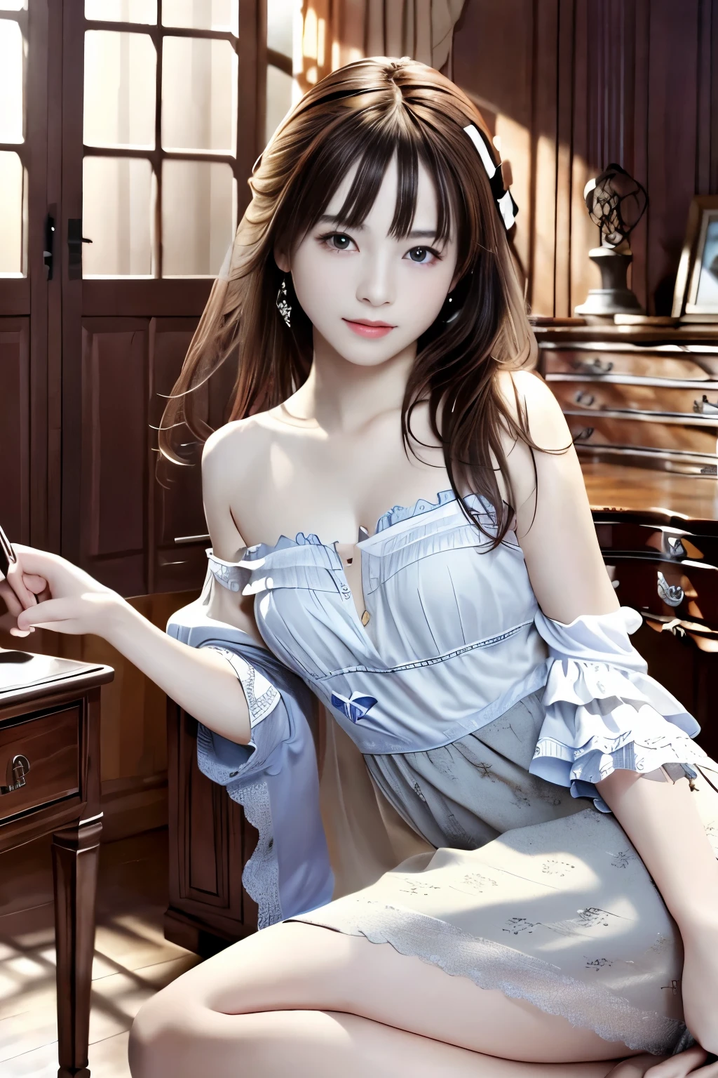 ((SFW: 1.4)), (SFW,彼女は白い刺繍の入った短いスカートをyesている, Red blouse with lace, A white apron is tied around her waist, Blue socks, Brown leather shoes.She has a blue scarf wrapped around her head. yes, Her accessories include a necklace., Earrings, bracelet)), Ultra-high resolution, (Realistic: 1.4), RAW Photos, highest quality, (PhotoRealistic Stick), concentrated, Soft Light,  ((Japanese)), (( (Young Face))), (surface), (Depth of written boundary), masterpiece, (Realistic), woman, bangs,(Big Breasts:1.3),(Looking at this:1.3),(Doing sexy poses:1.3),(The whole body is shown:1.3)