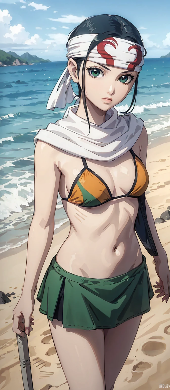 masterpiece, highest quality,
1 girl, Today&#39;s meeting, black hair, ponytail, green eyes,  head band, bikini,
Are standing, alone, looking at the viewer, Ocean, sand, blue sky, Tropical island background    
